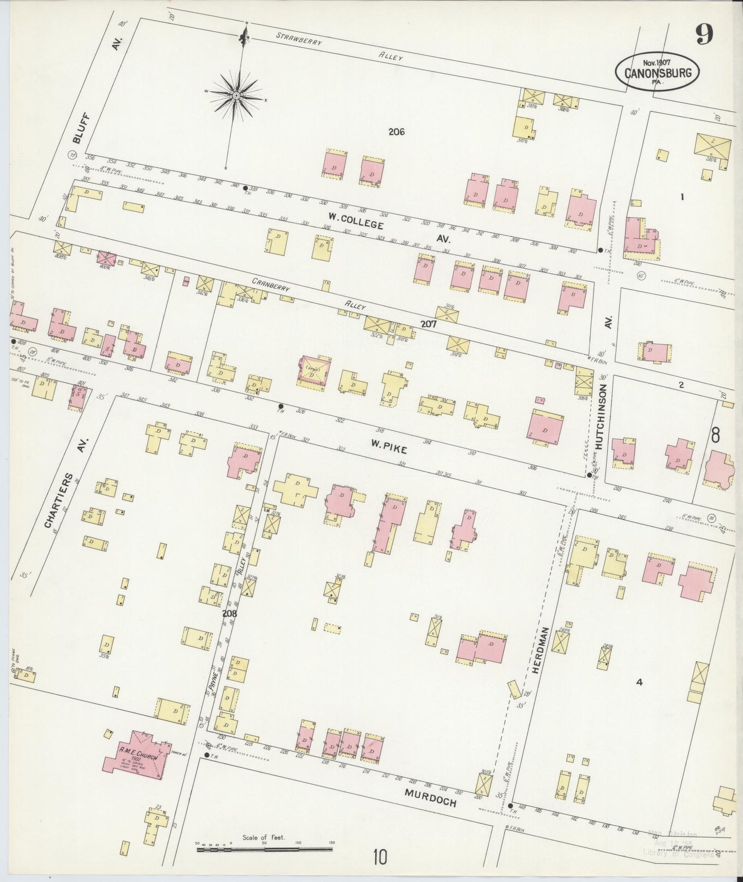 Sanborn Fire Insurance Map from Canonsburg, Washington County, Pennsylvania (1907), Sheet #0009 - Historic Sanborn Fire Insurance Map Print, vintage old map wall art, antique decor, genealogy gift, Pennsylvania Pennsylvania map