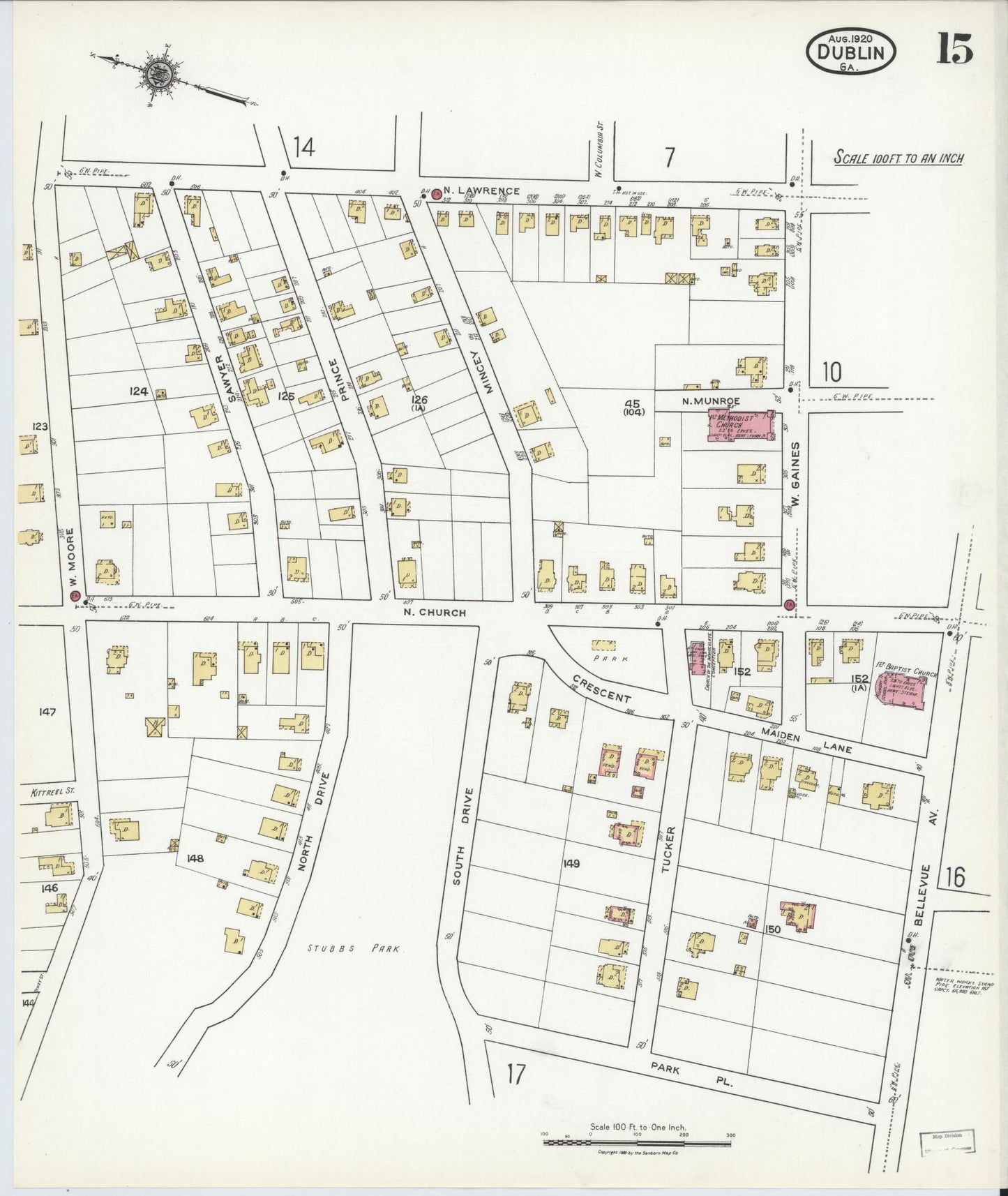 Sanborn Fire Insurance Map from Dublin, Laurens County, Georgia (1920), Sheet #0015 - Historic Sanborn Fire Insurance Map Print, vintage old map wall art, antique decor, genealogy gift, Georgia Georgia map