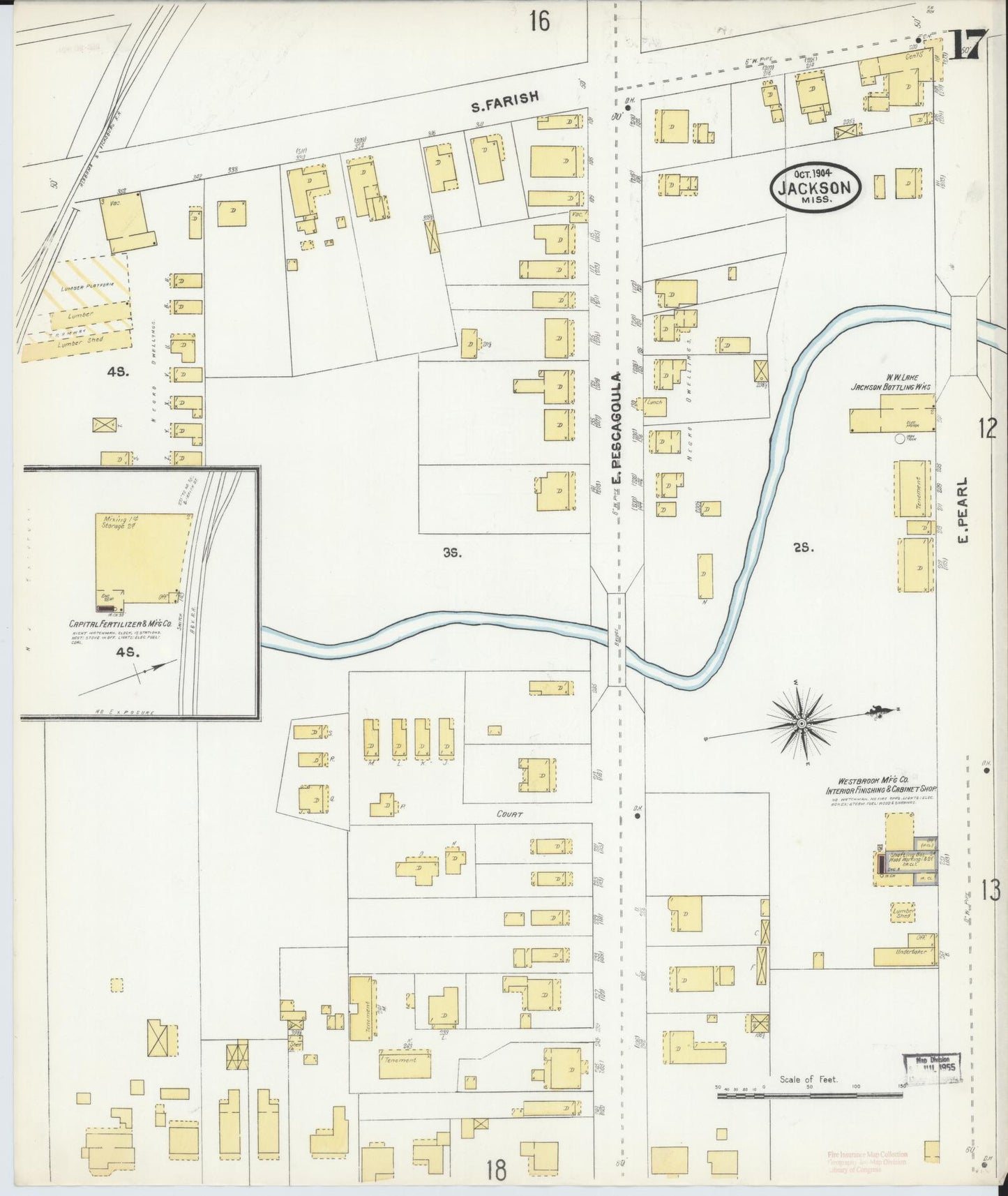 Sanborn Fire Insurance Map from Jackson, Hinds County, Mississippi (1904), Sheet #0017 - Historic Sanborn Fire Insurance Map Print, vintage old map wall art, antique decor, genealogy gift, Mississippi Mississippi map