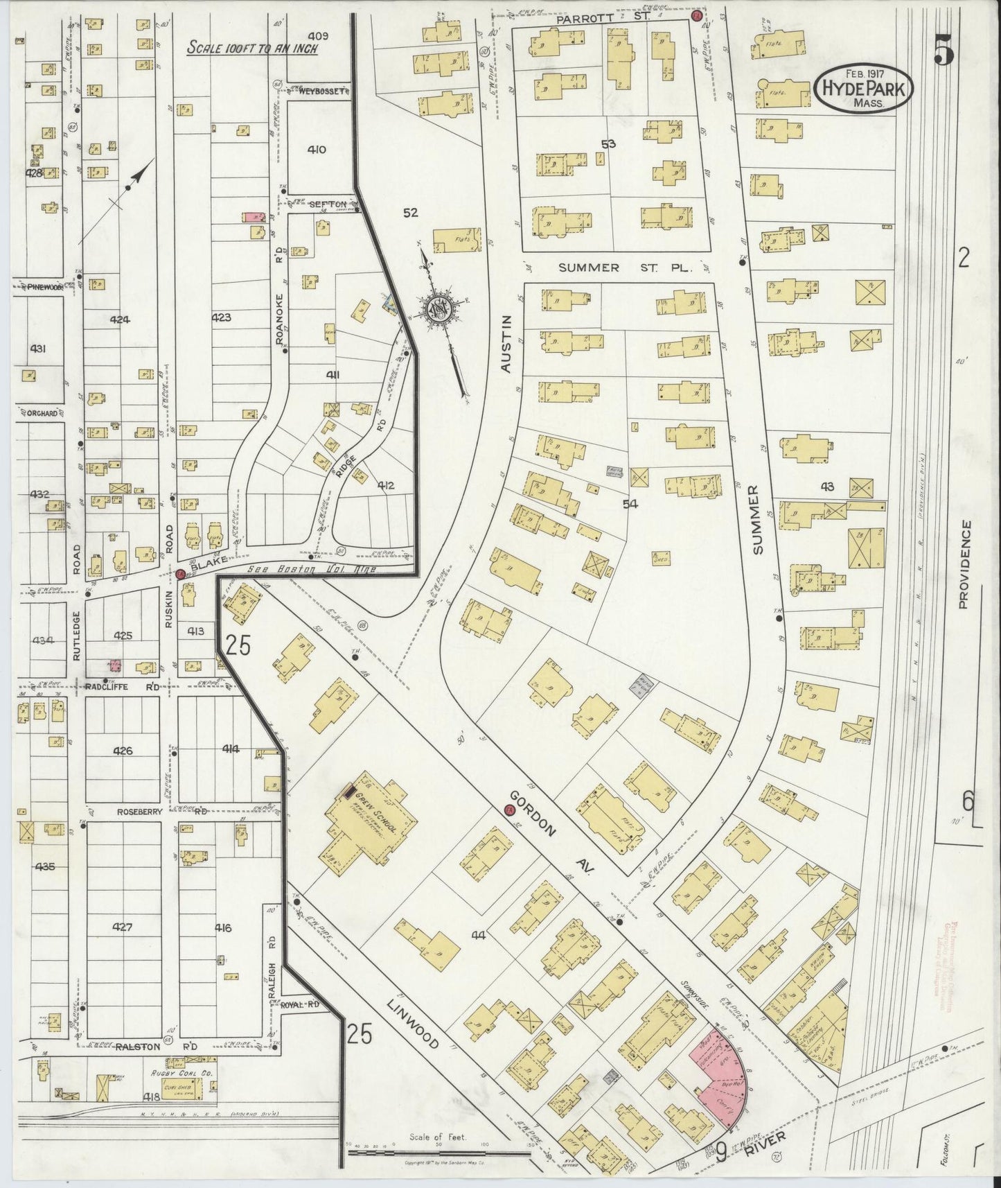 Sanborn Fire Insurance Map from Hyde Park, Norfolk County, Massachusetts (1917), Sheet #0005 - Historic Sanborn Fire Insurance Map Print, vintage old map wall art, antique decor, genealogy gift, Massachusetts Massachusetts map