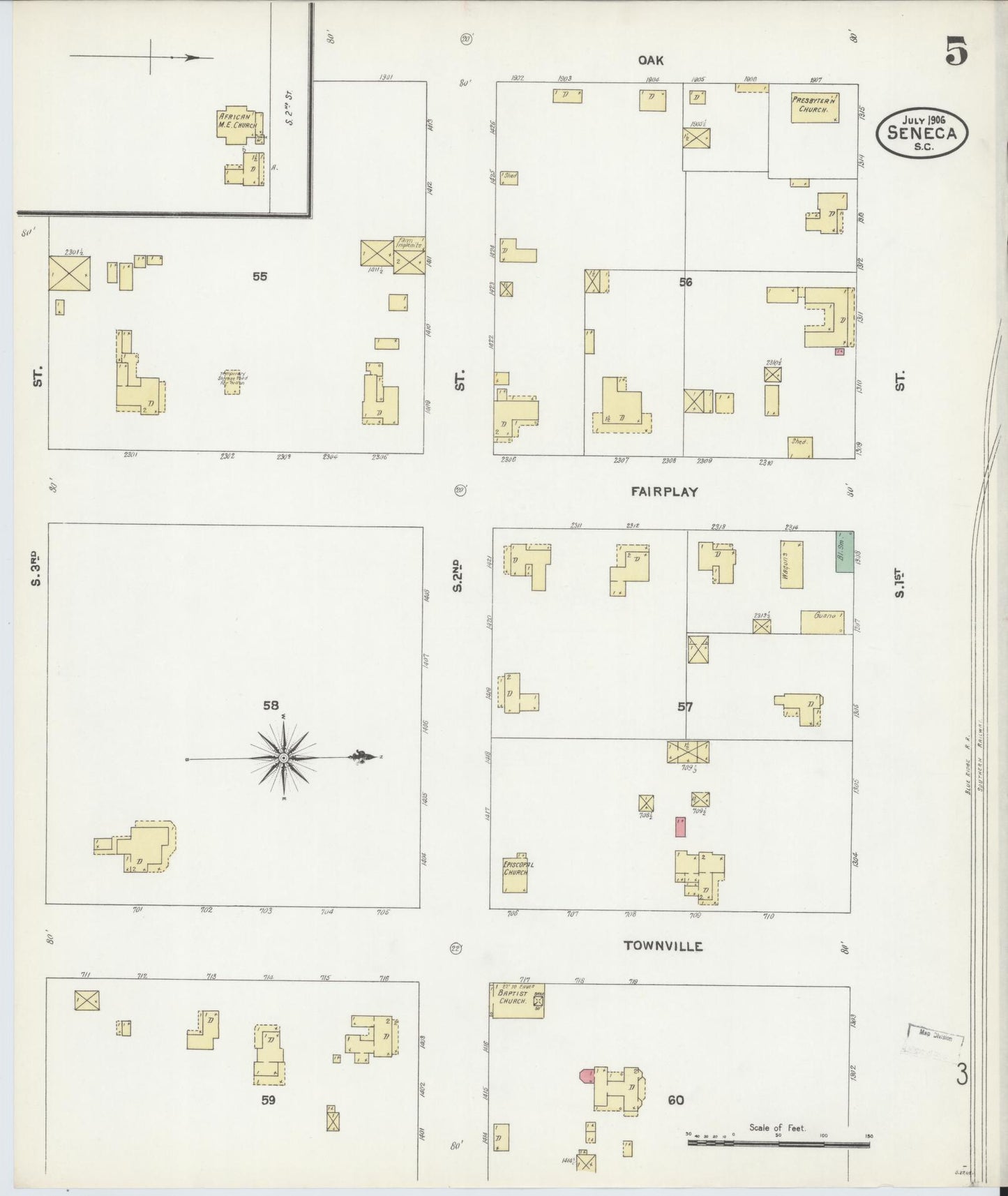Sanborn Fire Insurance Map from Seneca, Oconee County, South Carolina (1906), Sheet #0005 - Complete Map Set gallery image, historic Sanborn map, vintage wall art, South Carolina South Carolina