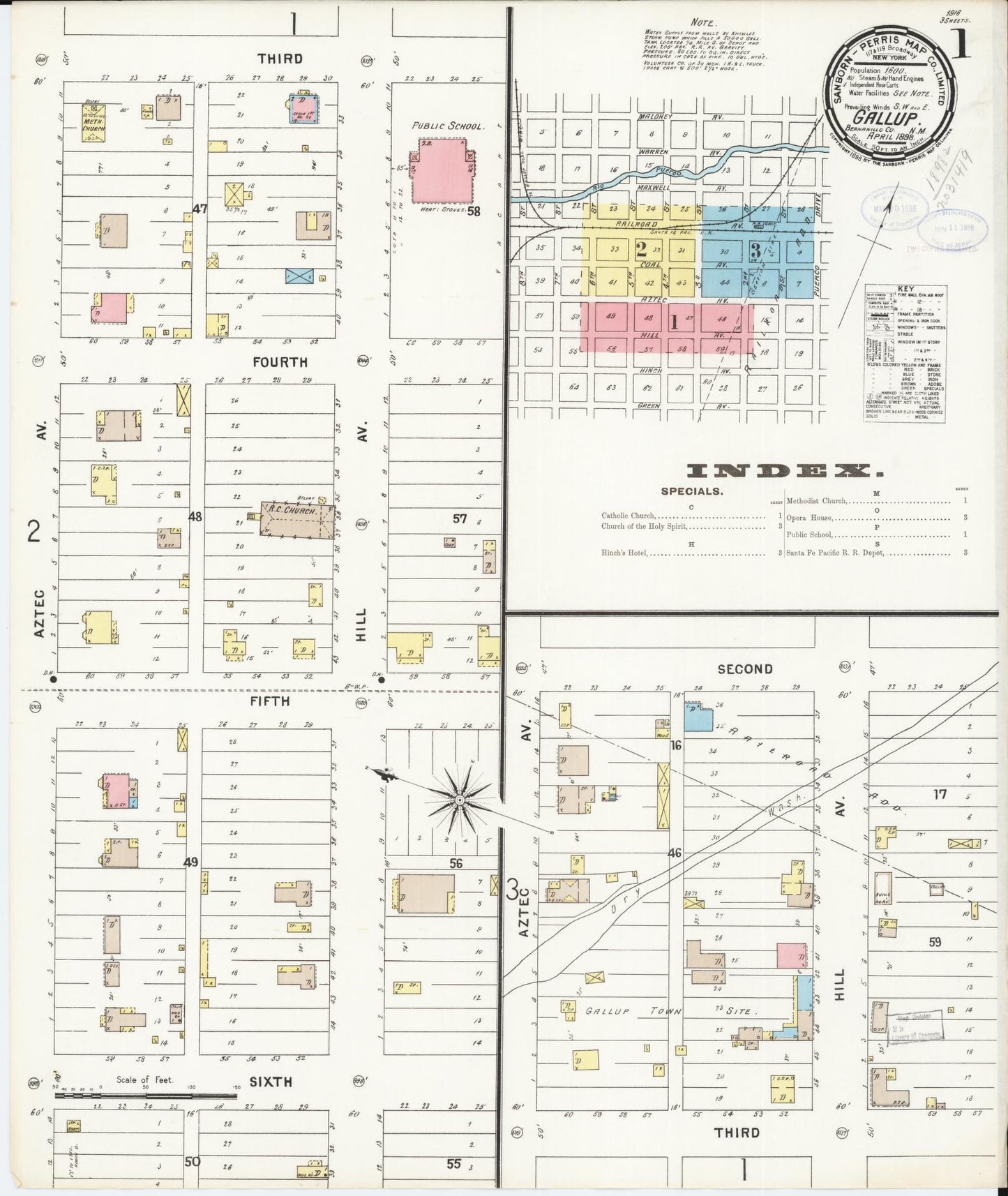 Sanborn Fire Insurance Map from Gallup, Mckinley County, New Mexico (1898), Sheet #0001 - Historic Sanborn Fire Insurance Map Print, vintage old map wall art, antique decor, genealogy gift, New Mexico New Mexico map