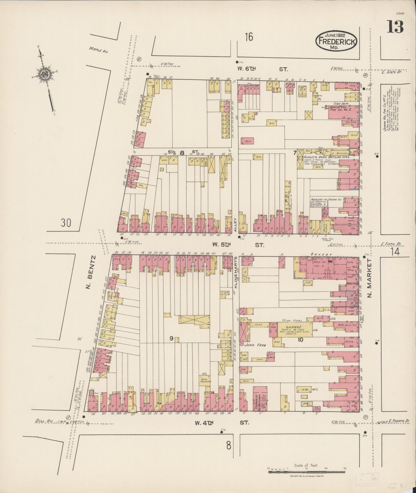 Sanborn Fire Insurance Map from Frederick, Frederick County, Maryland (1922), Sheet #0013 - Historic Sanborn Fire Insurance Map Print, vintage old map wall art
