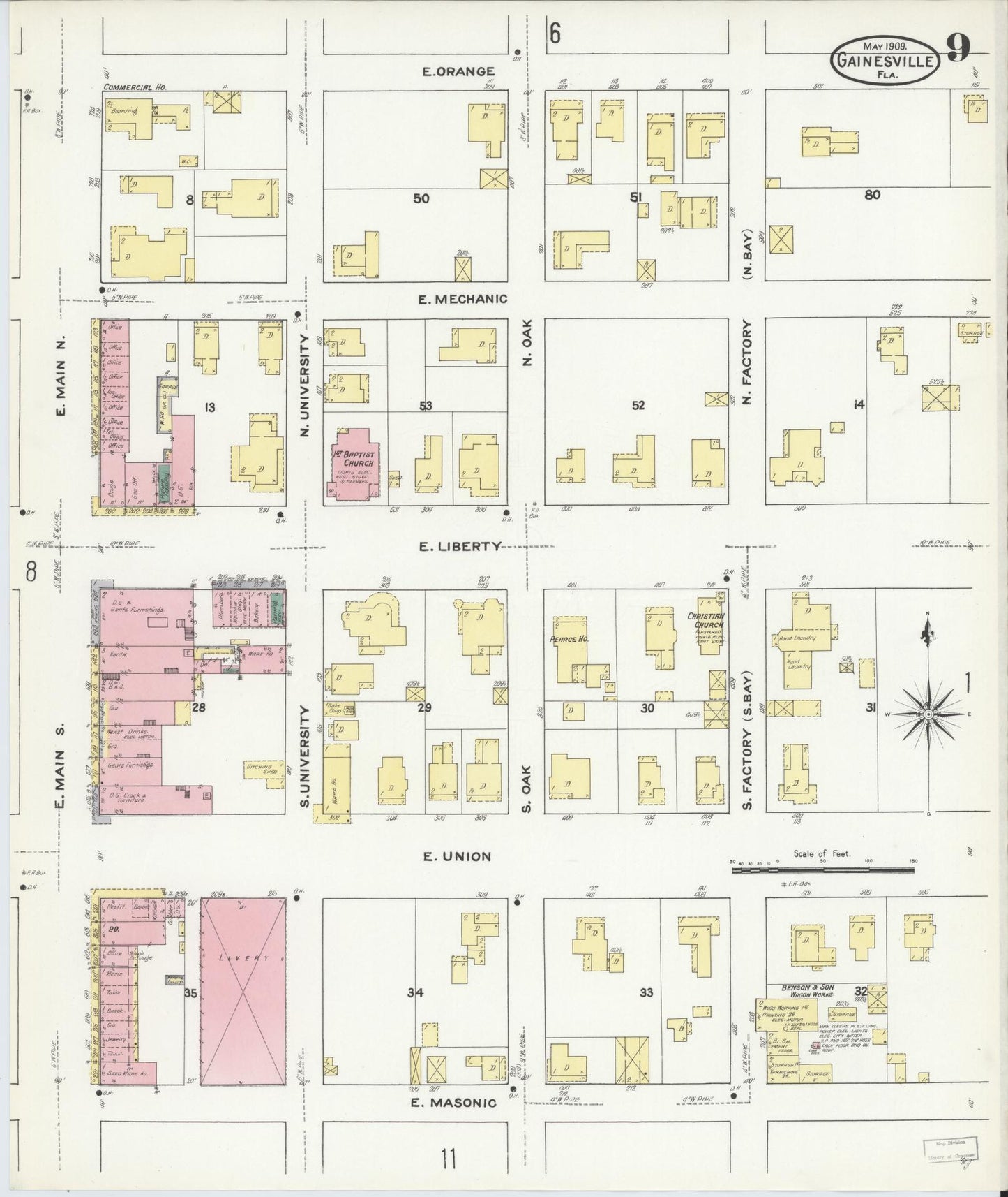 Sanborn Fire Insurance Map from Gainesville, Alachua County, Florida (1909), Sheet #0009 - Historic Sanborn Fire Insurance Map Print, vintage old map wall art, antique decor, genealogy gift, Florida Florida map