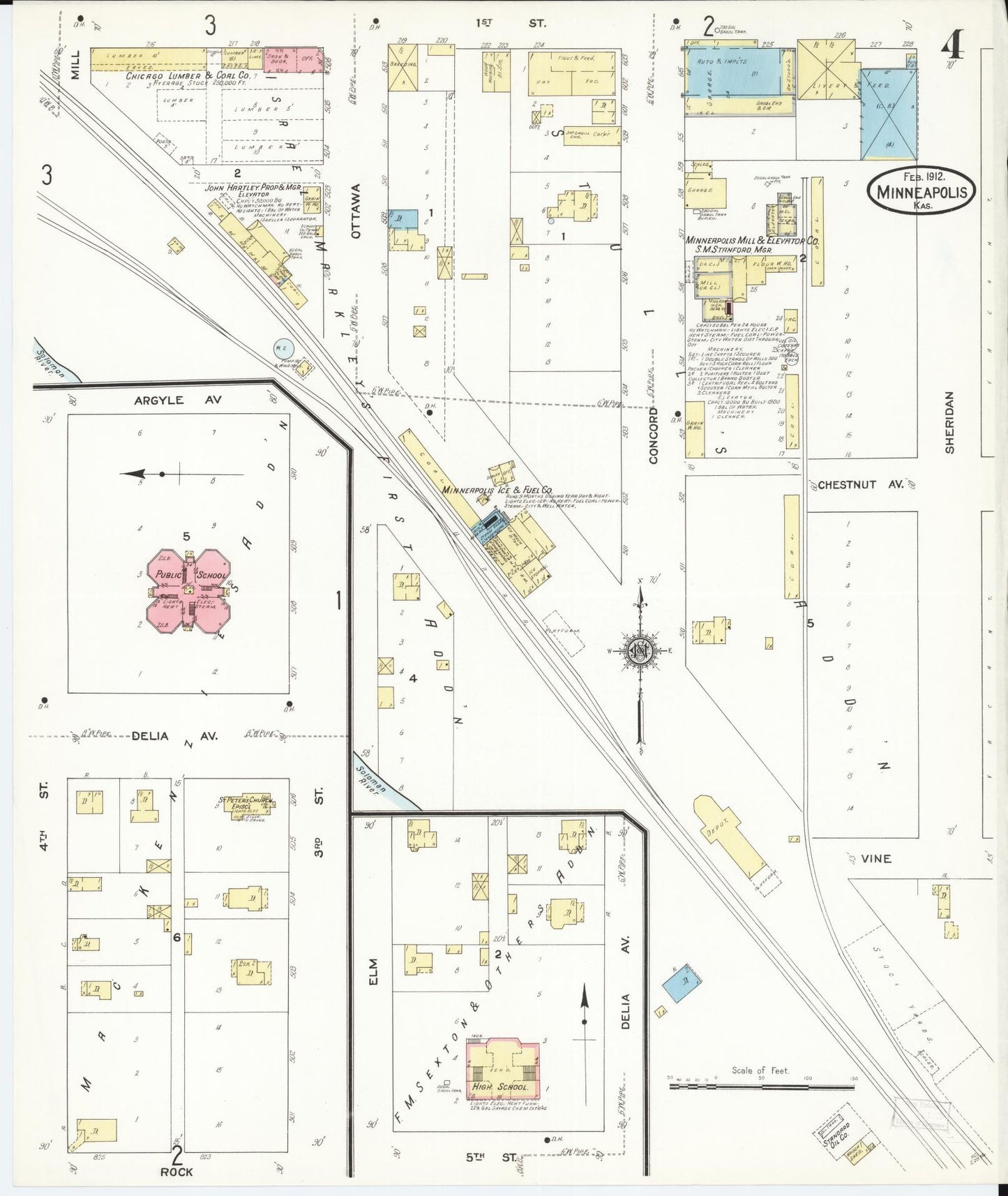 Sanborn Fire Insurance Map from Minneapolis, Ottawa County, Kansas (1912), Sheet #0004 - Complete Map Set gallery image, historic Sanborn map, vintage wall art, Kansas Kansas