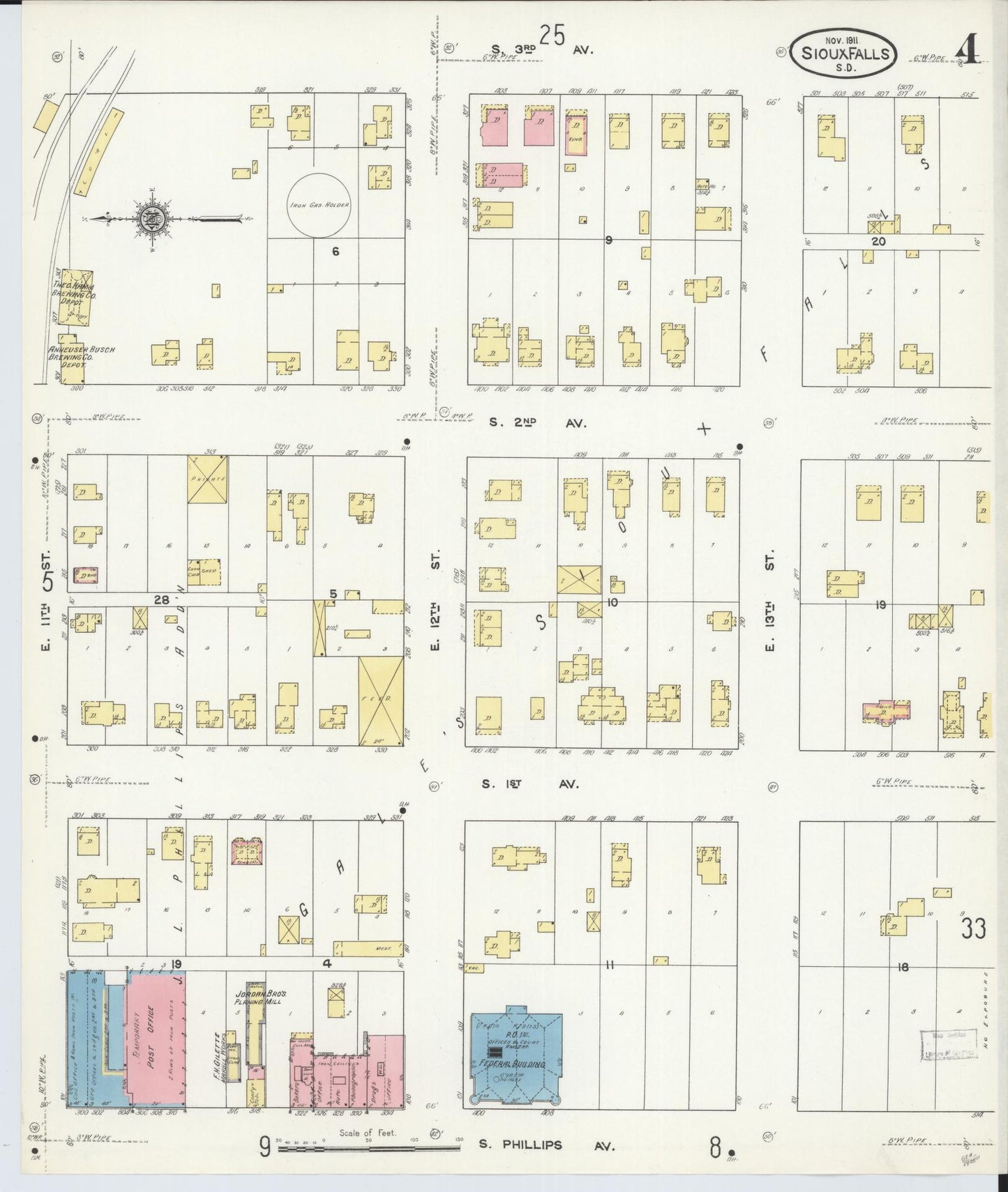Sanborn Fire Insurance Map from Sioux Falls, Minnehaha County, South Dakota (1911), Sheet #0004 - Historic Sanborn Fire Insurance Map Print, vintage old map wall art, antique decor, genealogy gift, South Dakota South Dakota map