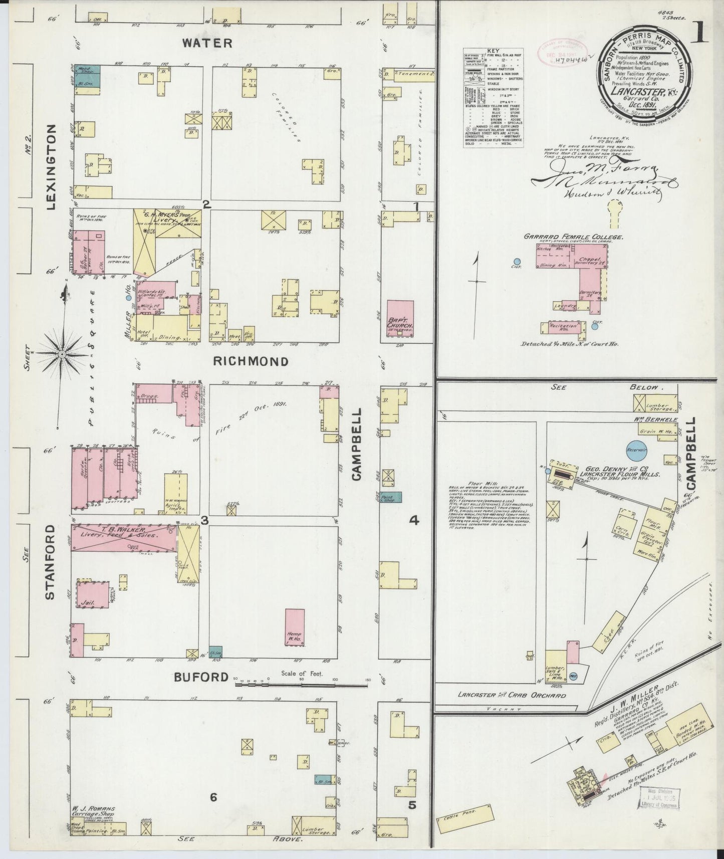 Sanborn Fire Insurance Map from Lancaster, Garrard County, Kentucky (1891), Sheet #0001 - Historic Sanborn Fire Insurance Map Print, vintage old map wall art, antique decor, genealogy gift, Kentucky Kentucky map