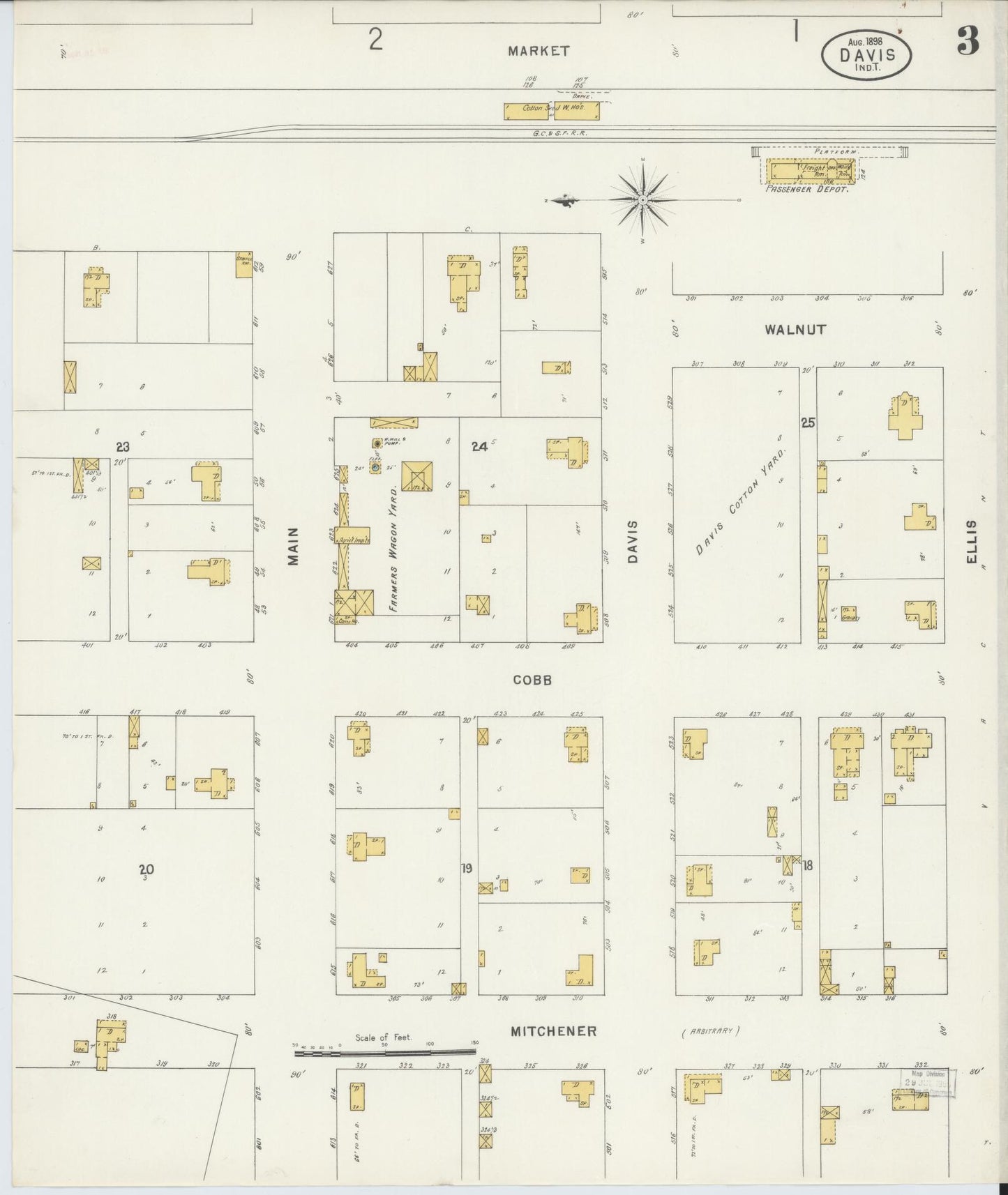 Sanborn Fire Insurance Map from Davis, Murray County, Oklahoma (1898), Sheet #0003 - Historic Sanborn Fire Insurance Map Print, vintage old map wall art, antique decor, genealogy gift, Oklahoma Oklahoma map