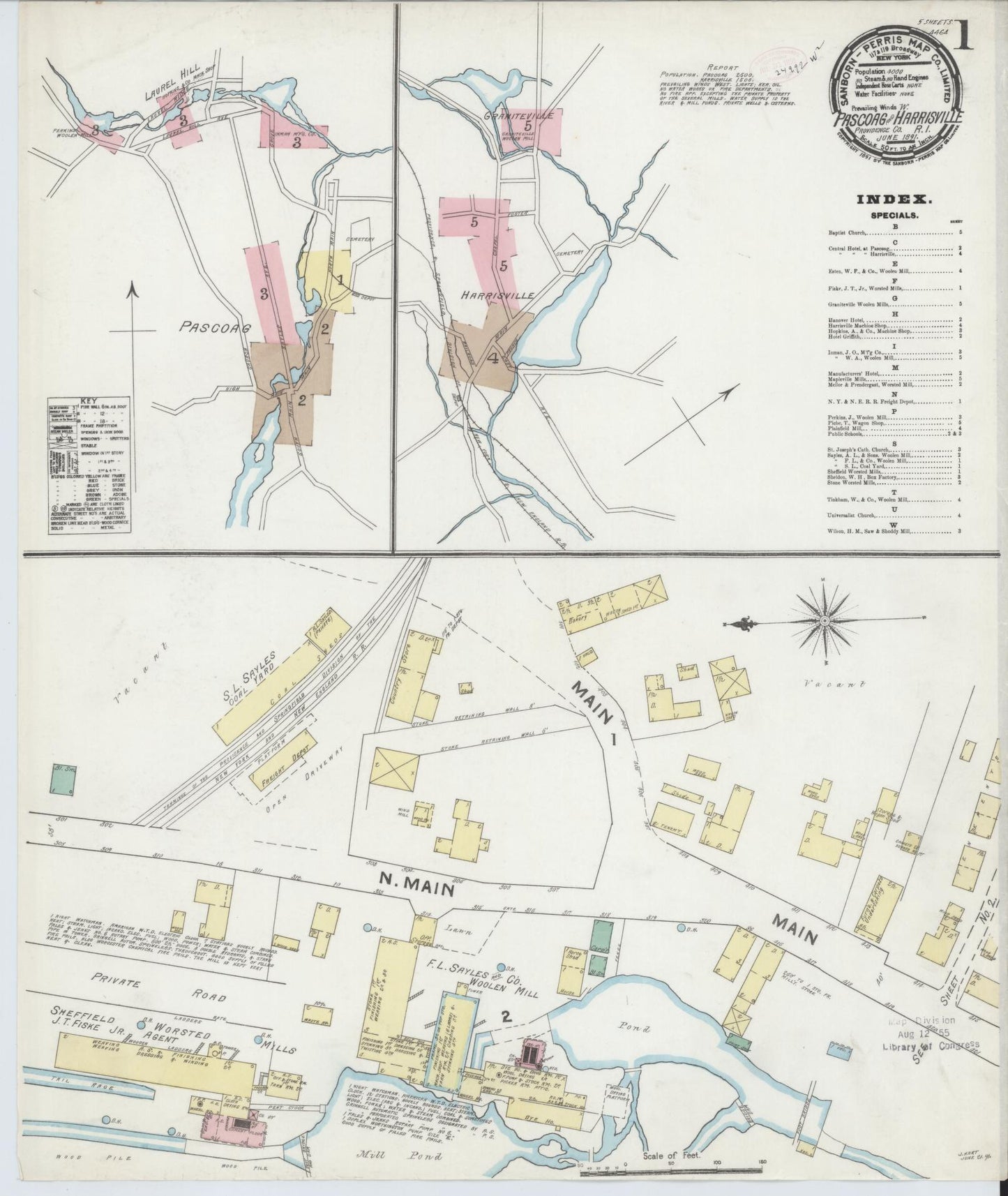 Sanborn Fire Insurance Map from Pascoag, Providence County, Rhode Island (1891), Sheet #0001 - Historic Sanborn Fire Insurance Map Print, vintage old map wall art, antique decor, genealogy gift, Rhode Island Rhode Island map