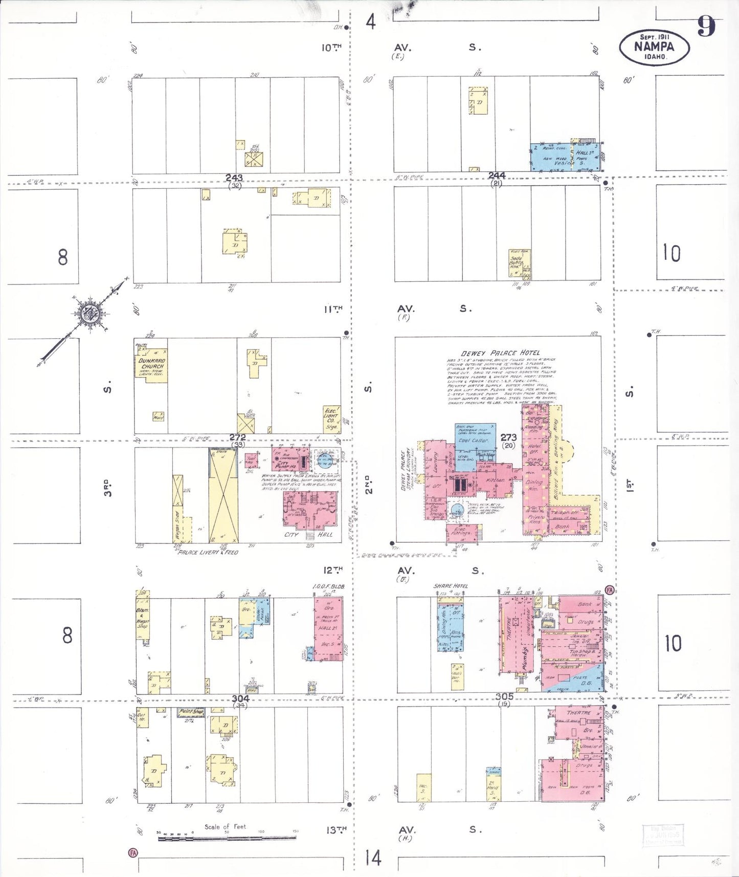 Sanborn Fire Insurance Map from Nampa, Canyon County, Idaho (1911), Sheet #0009 - Historic Sanborn Fire Insurance Map Print, vintage old map wall art, antique decor, genealogy gift, Idaho Idaho map