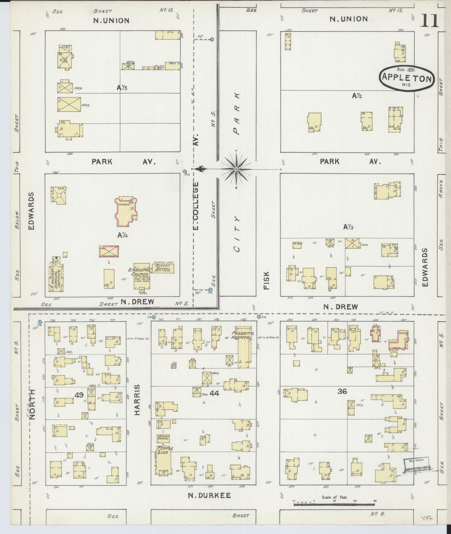Sanborn Fire Insurance Map from Appleton, Outagamie County, Wisconsin (1891), Sheet #0011 - Historic Sanborn Fire Insurance Map Print, vintage old map wall art, antique decor, genealogy gift, Wisconsin Wisconsin map
