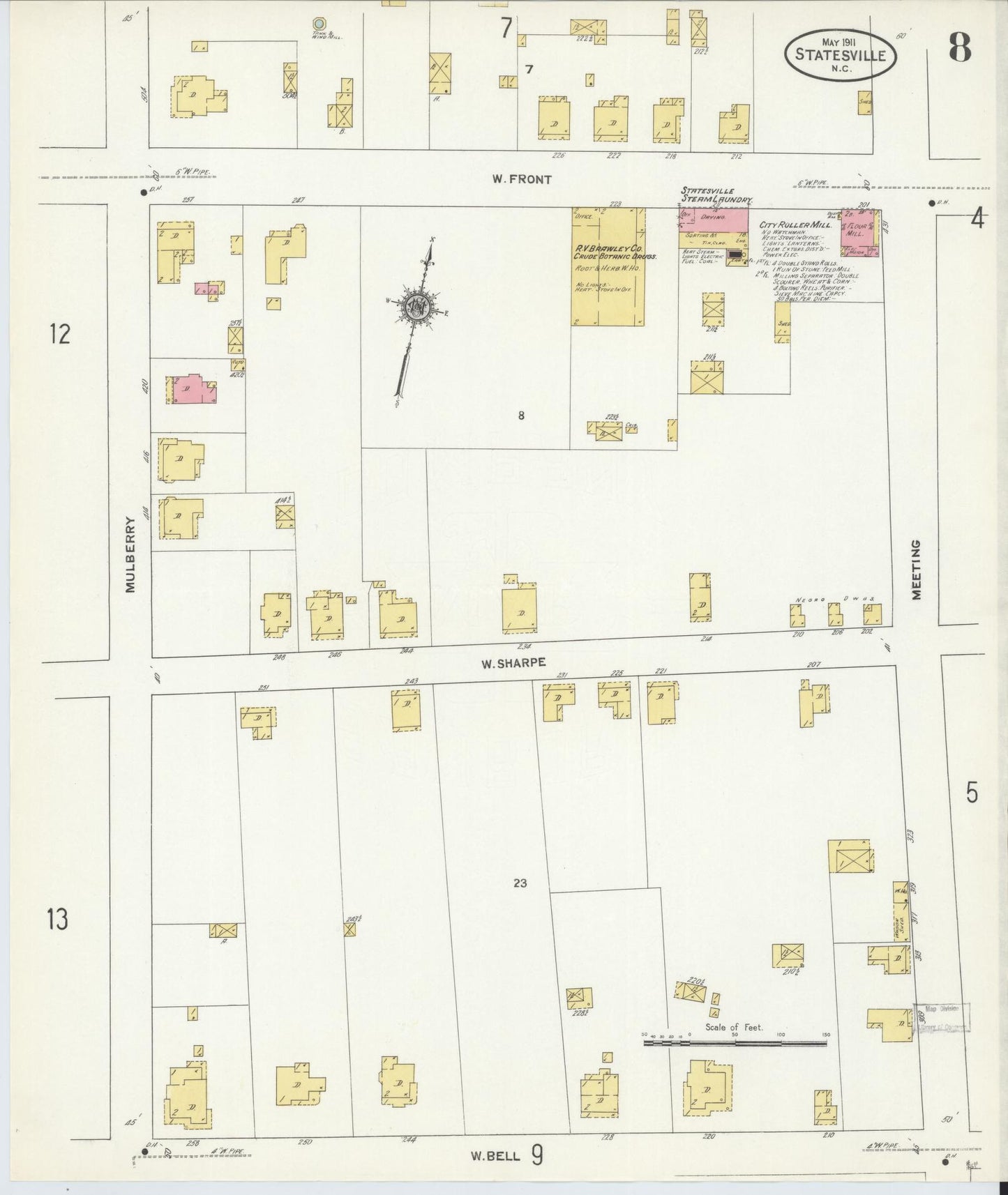 Sanborn Fire Insurance Map from Statesville, Iredell County, North Carolina (1911), Sheet #0008 - Historic Sanborn Fire Insurance Map Print, vintage old map wall art, antique decor, genealogy gift, North Carolina North Carolina map