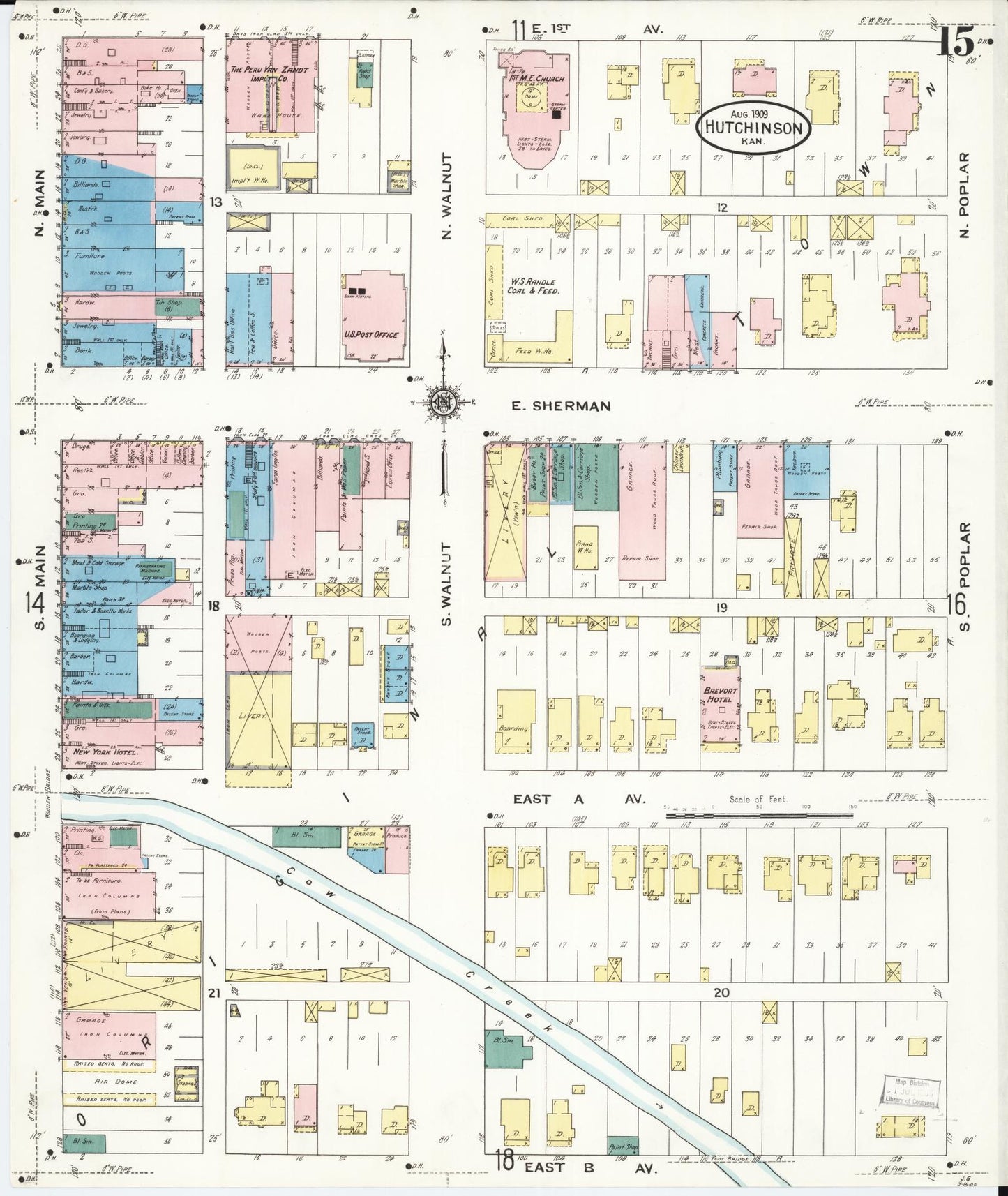 Sanborn Fire Insurance Map from Hutchinson, Reno County, Kansas (1909), Sheet #0015 - Historic Sanborn Fire Insurance Map Print, vintage old map wall art, antique decor, genealogy gift, Kansas Kansas map