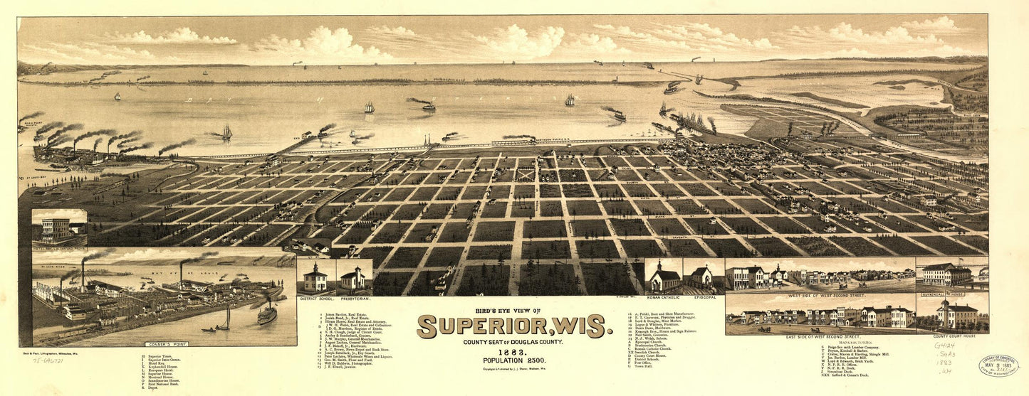 Bird's eye view of Superior, Wis. county seat of Douglas county 1883. (1883) – Historic Bird’s-Eye View Panorama Print