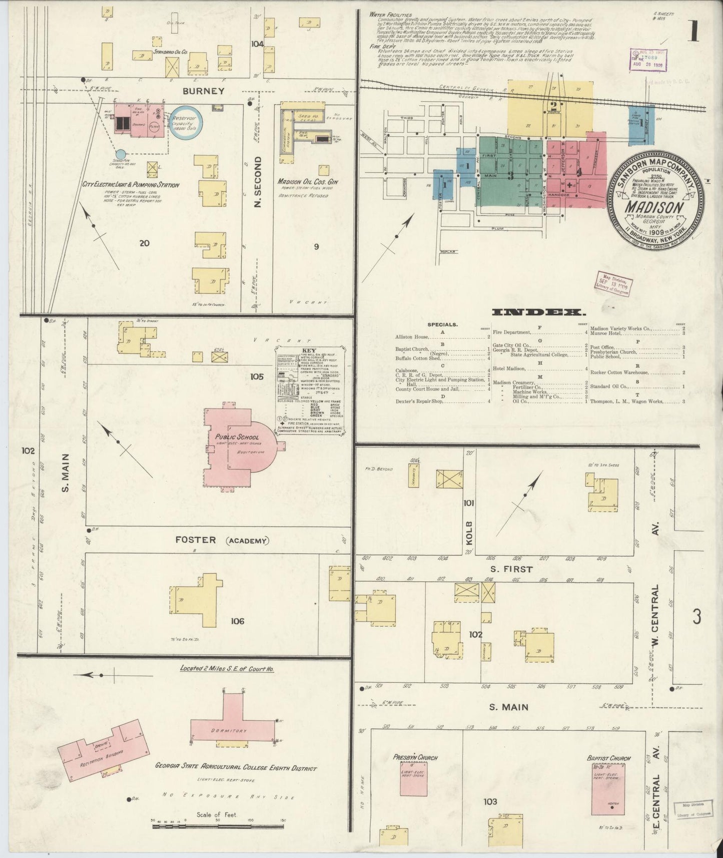 Sanborn Fire Insurance Map from Madison, Morgan County, Georgia (1909), Sheet #0001 - Historic Sanborn Fire Insurance Map Print, vintage old map wall art, antique decor, genealogy gift, Georgia Georgia map