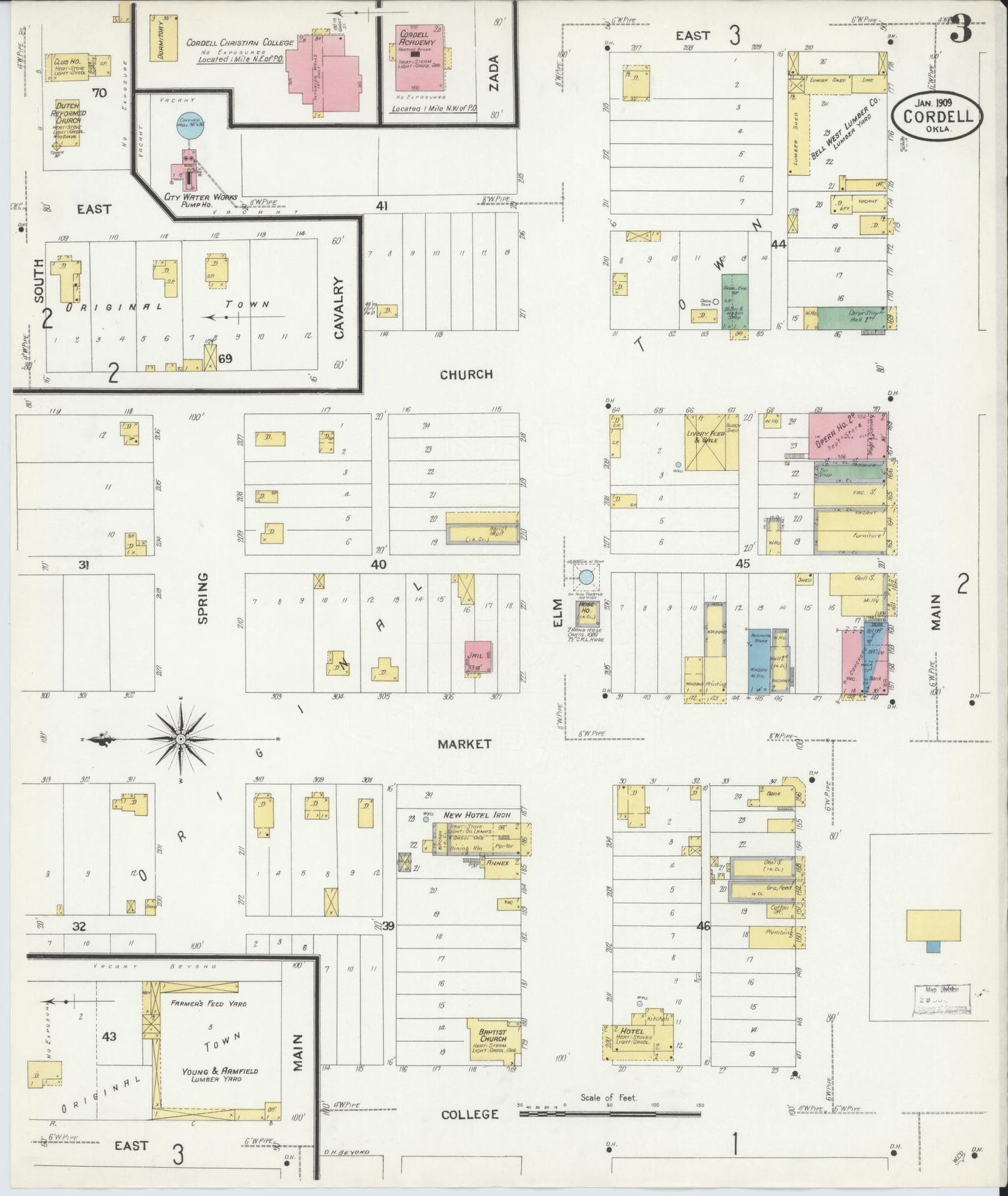 Sanborn Fire Insurance Map from Cordell, Washita County, Oklahoma (1909), Sheet #0003 - Historic Sanborn Fire Insurance Map Print, vintage old map wall art, antique decor, genealogy gift, Oklahoma Oklahoma map