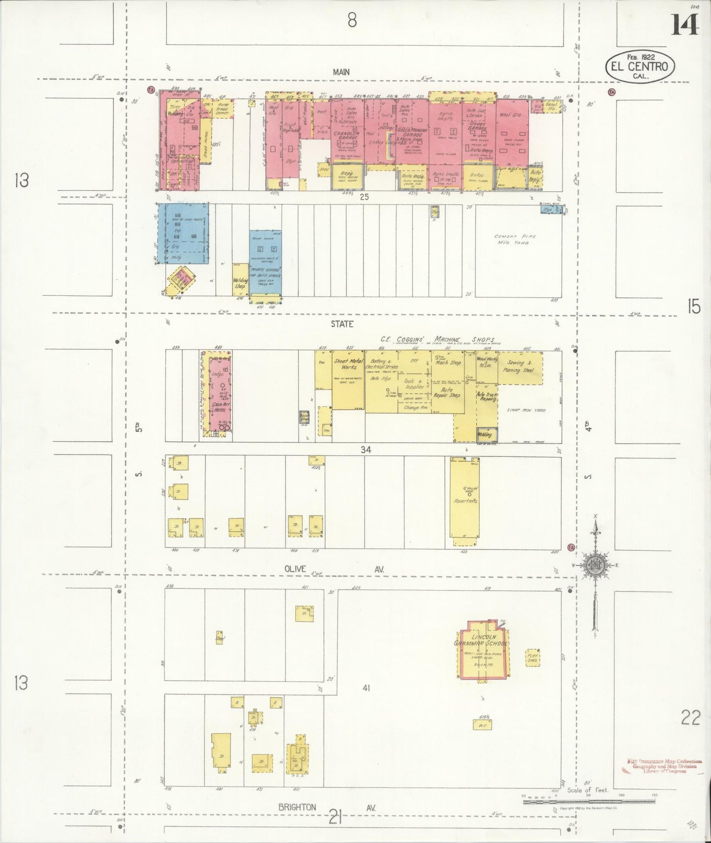 Sanborn Fire Insurance Map from El Centro, Imperial County, California (1922), Sheet #0014 - Historic Sanborn Fire Insurance Map Print, vintage old map wall art, antique decor, genealogy gift, California California map