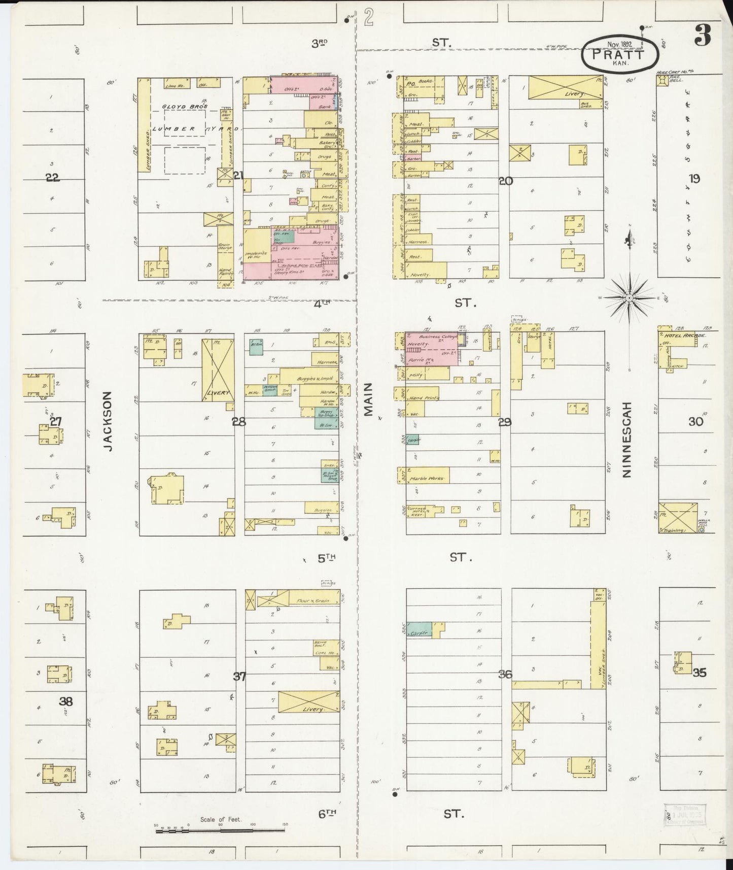 Sanborn Fire Insurance Map from Pratt, Pratt County, Kansas (1892), Sheet #0003 - Historic Sanborn Fire Insurance Map Print, vintage old map wall art, antique decor, genealogy gift, Kansas Kansas map