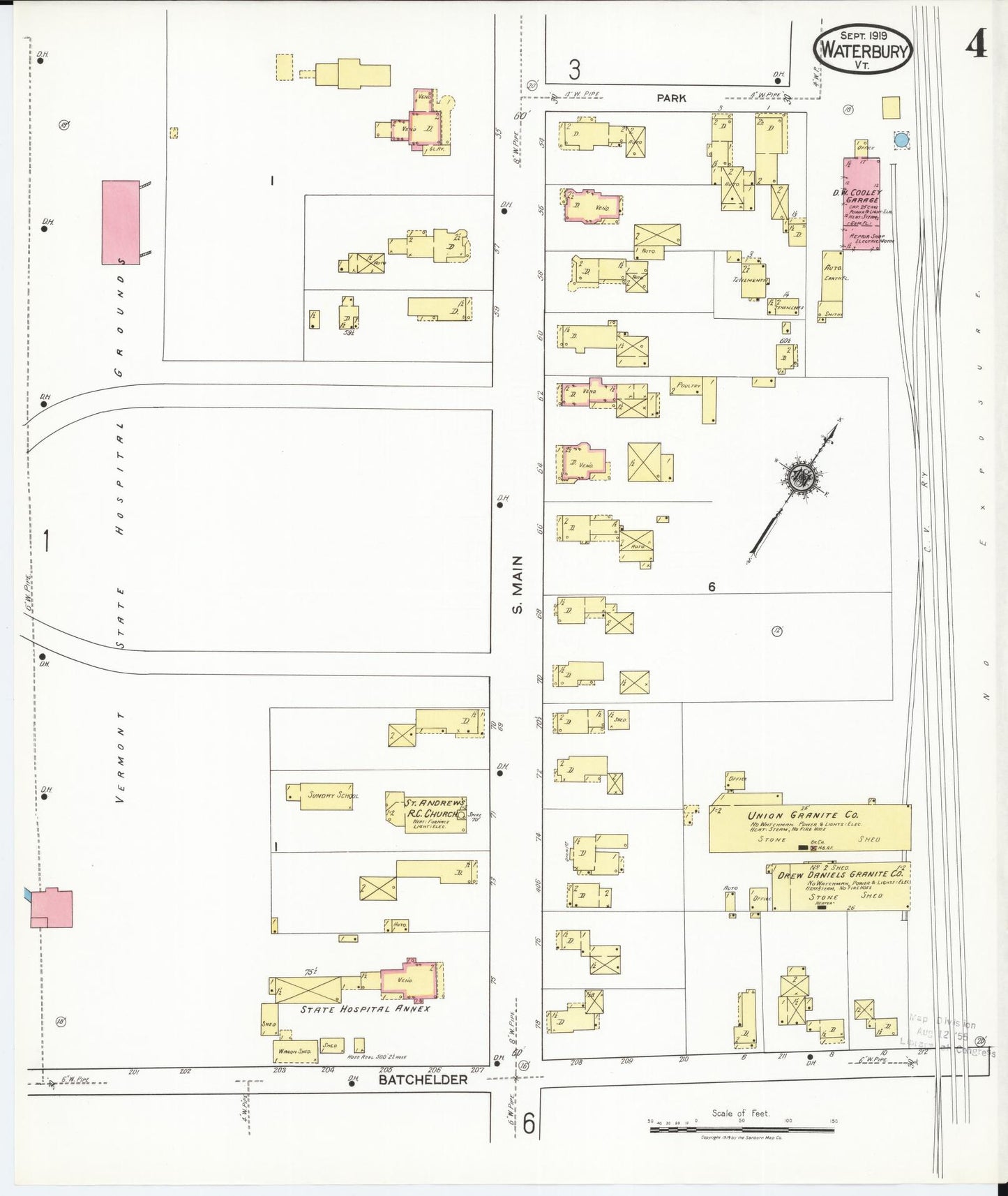 Sanborn Fire Insurance Map from Waterbury, Washington County, Vermont (1919), Sheet #0004 - Historic Sanborn Fire Insurance Map Print, vintage old map wall art, antique decor, genealogy gift, Vermont Vermont map