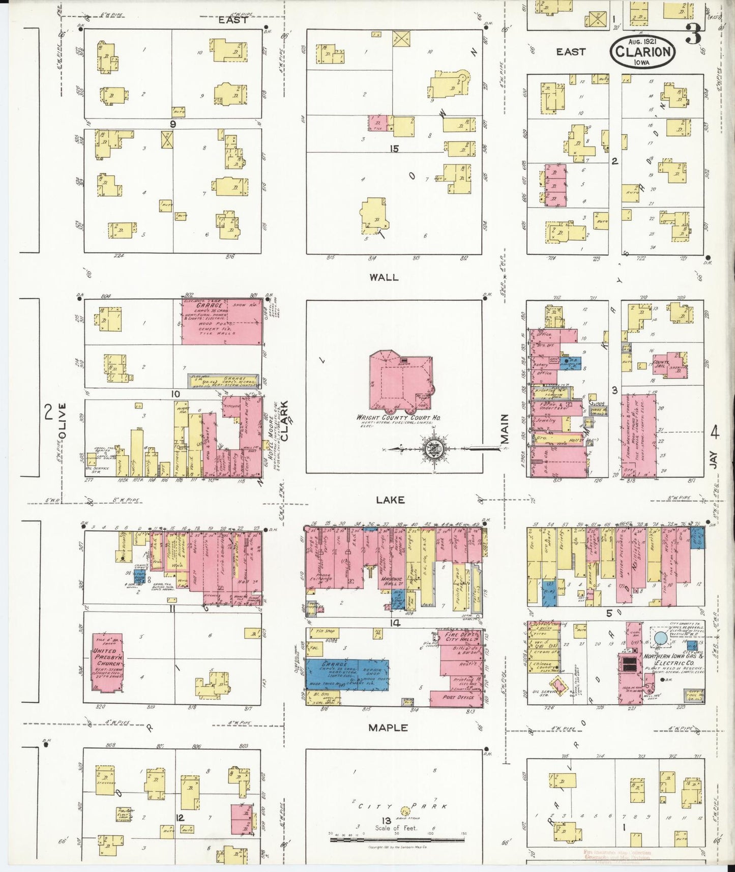 Sanborn Fire Insurance Map from Clarion, Wright County, Iowa (1921), Sheet #0003 - Historic Sanborn Fire Insurance Map Print, vintage old map wall art