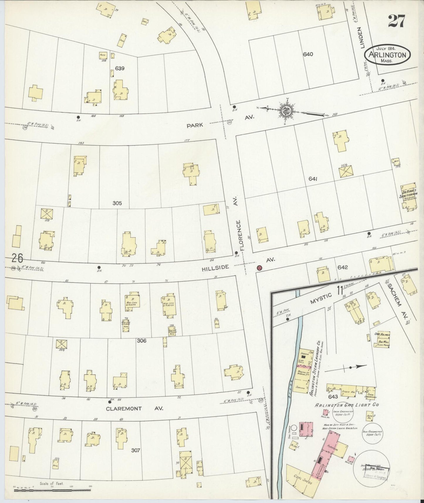Sanborn Fire Insurance Map from Arlington, Middlesex County, Massachusetts (1914), Sheet #0027 - Historic Sanborn Fire Insurance Map Print, vintage old map wall art, antique decor, genealogy gift, Massachusetts Massachusetts map