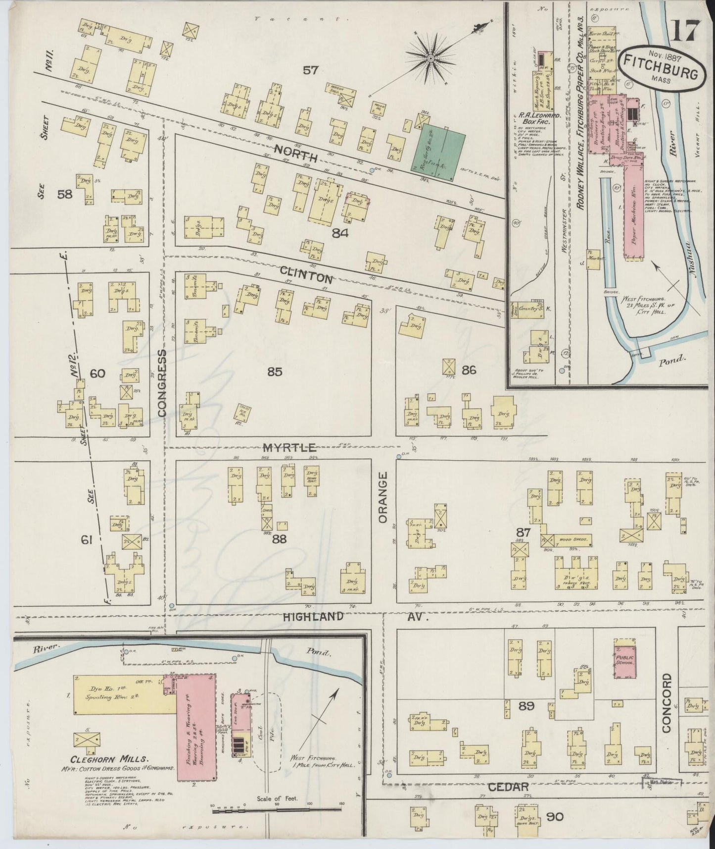Sanborn Fire Insurance Map from Fitchburg, Worcester County, Massachusetts (1887), Sheet #0017 - Historic Sanborn Fire Insurance Map Print, vintage old map wall art, antique decor, genealogy gift, Massachusetts Massachusetts map