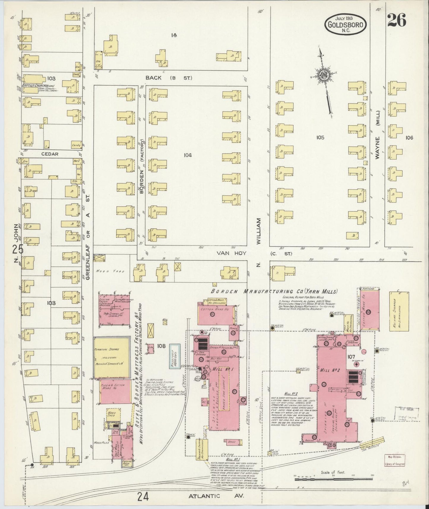 Sanborn Fire Insurance Map from Goldsboro, Wayne County, North Carolina (1913), Sheet #0026 - Historic Sanborn Fire Insurance Map Print, vintage old map wall art, antique decor, genealogy gift, North Carolina North Carolina map
