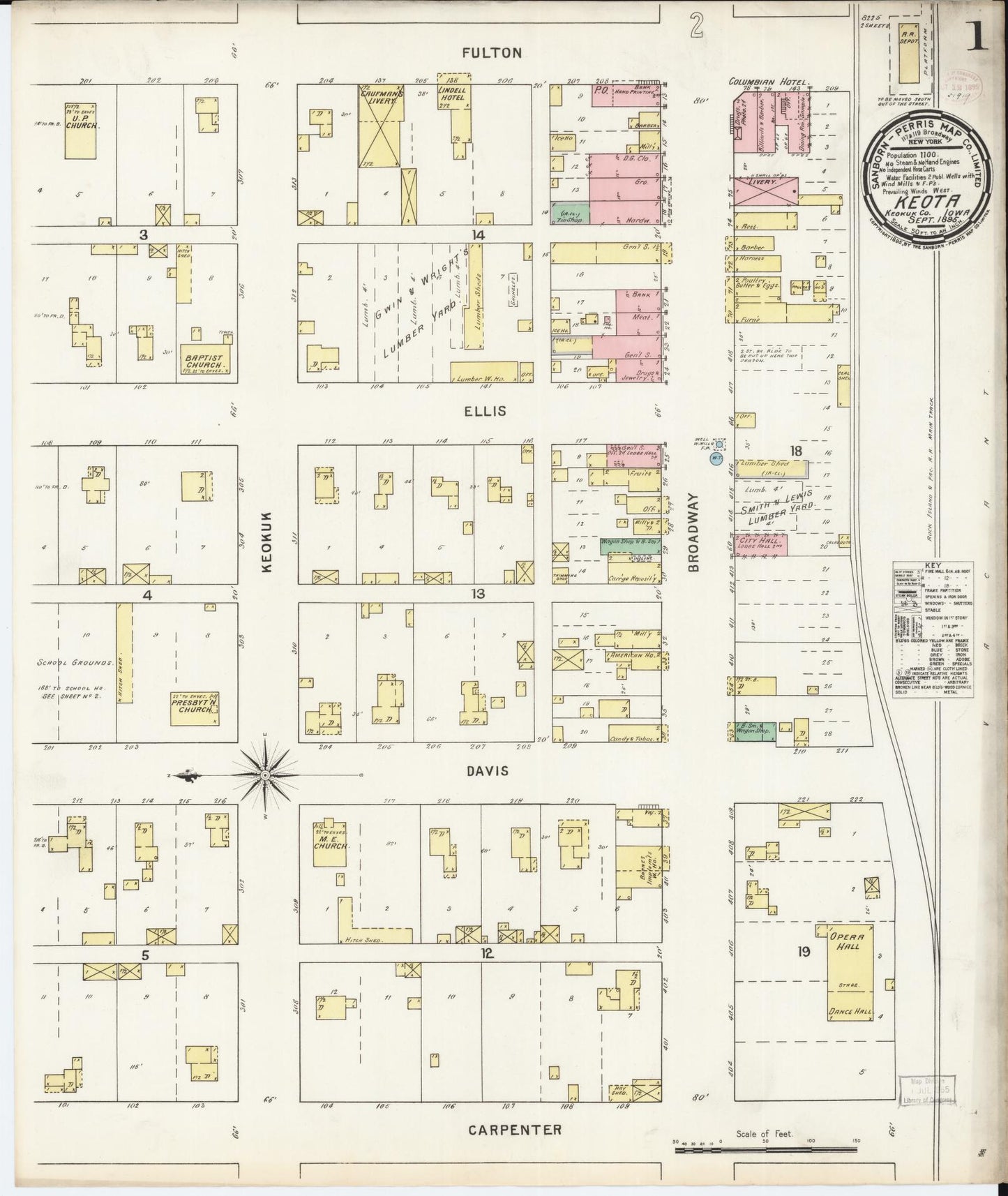 Sanborn Fire Insurance Map from Keota, Keokuk County, Iowa (1895), Sheet #0001 - Historic Sanborn Fire Insurance Map Print, vintage old map wall art