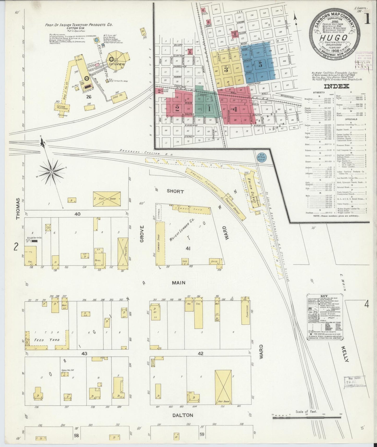 Sanborn Fire Insurance Map from Hugo, Choctaw County, Oklahoma (1908), Sheet #0001 - Historic Sanborn Fire Insurance Map Print, vintage old map wall art, antique decor, genealogy gift, Oklahoma Oklahoma map