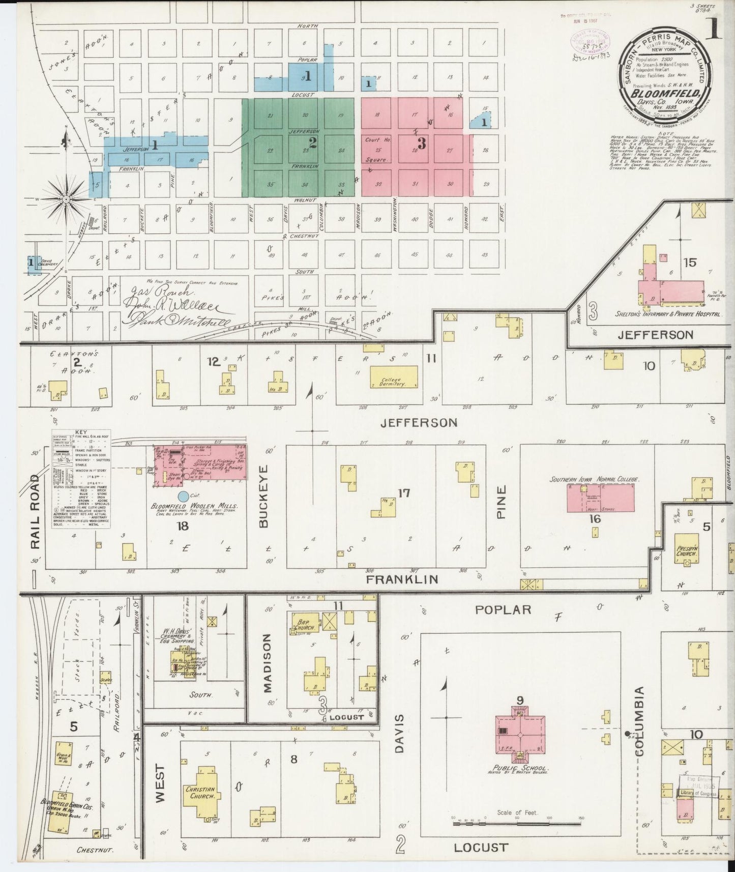 Sanborn Fire Insurance Map from Bloomfield, Davis County, Iowa (1893), Sheet #0001 - Historic Sanborn Fire Insurance Map Print, vintage old map wall art