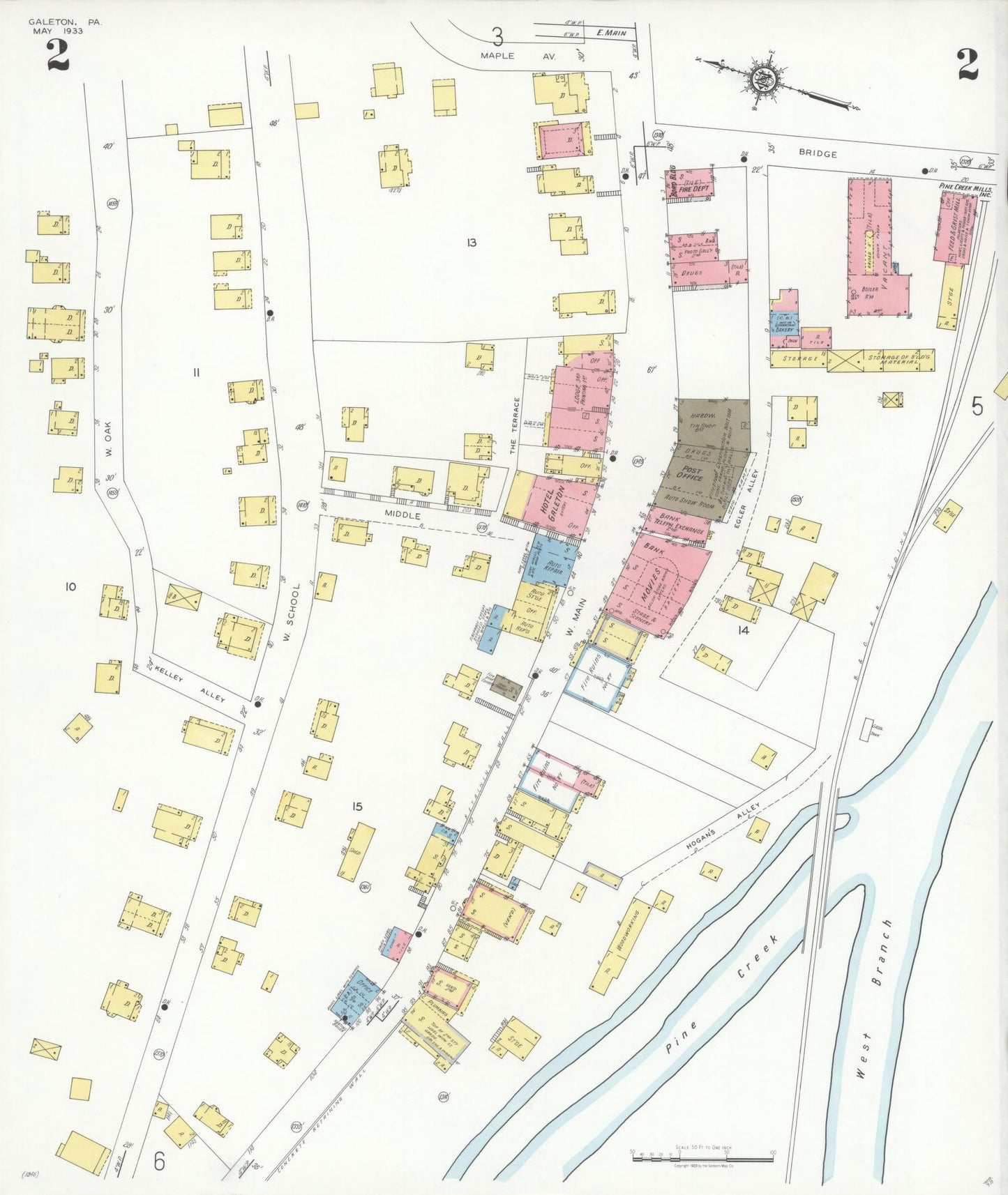 Sanborn Fire Insurance Map from Galeton, Potter County, Pennsylvania (1933), Sheet #0002 - Historic Sanborn Fire Insurance Map Print, vintage old map wall art, antique decor, genealogy gift, Pennsylvania Pennsylvania map