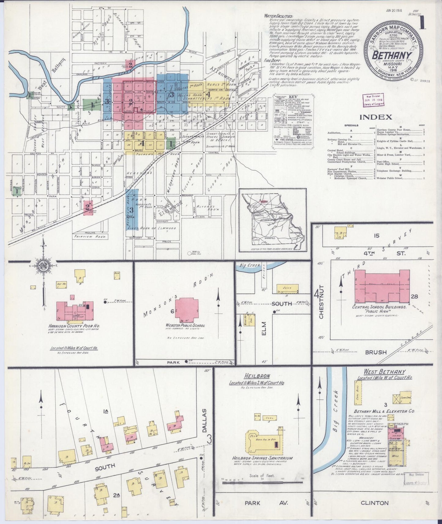 Sanborn Fire Insurance Map from Bethany, Harrison County, Missouri (1916), Sheet #0001 - Historic Sanborn Fire Insurance Map Print, vintage old map wall art, antique decor, genealogy gift, Missouri Missouri map