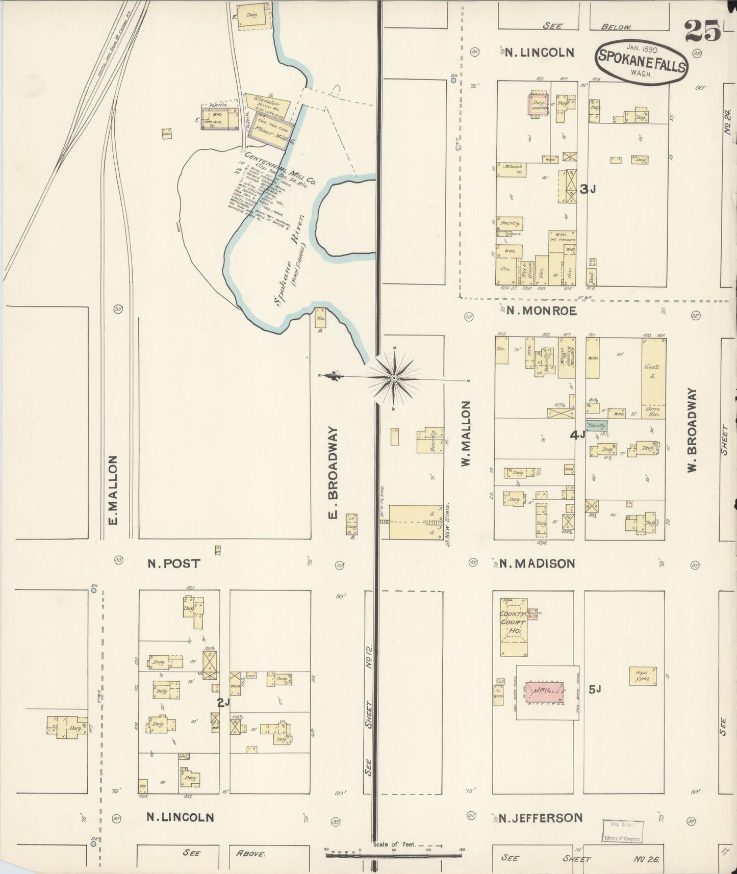 Sanborn Fire Insurance Map from Spokane, Spokane County, Washington (1890), Sheet #0025 - Historic Sanborn Fire Insurance Map Print, vintage old map wall art, antique decor, genealogy gift, Washington Washington map