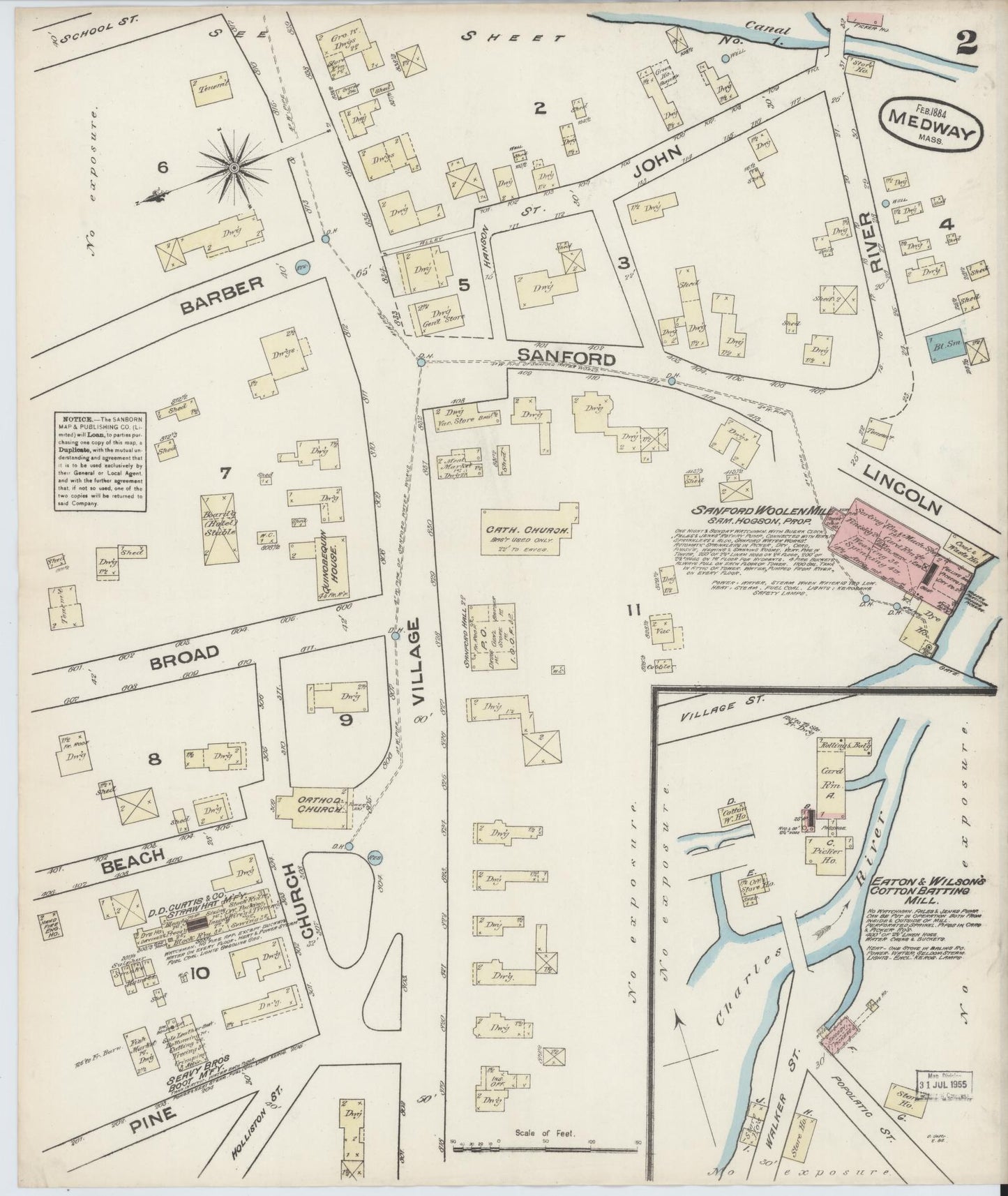 Sanborn Fire Insurance Map from Medway, Norfolk County, Massachusetts (1884), Sheet #0002 - Historic Sanborn Fire Insurance Map Print, vintage old map wall art, antique decor, genealogy gift, Massachusetts Massachusetts map