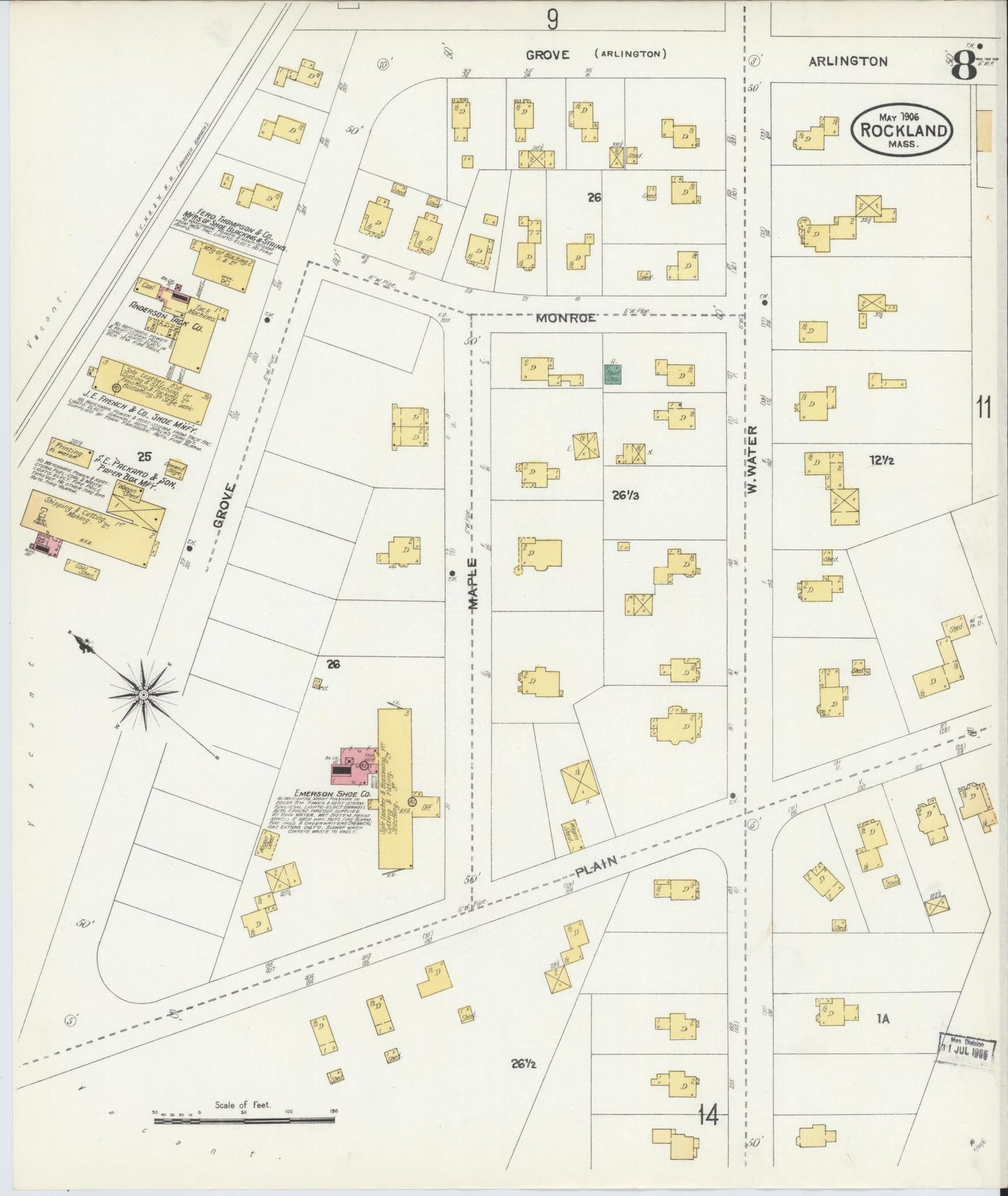 Sanborn Fire Insurance Map from Rockland, Plymouth County, Massachusetts (1906), Sheet #0008 - Historic Sanborn Fire Insurance Map Print, vintage old map wall art, antique decor, genealogy gift, Massachusetts Massachusetts map