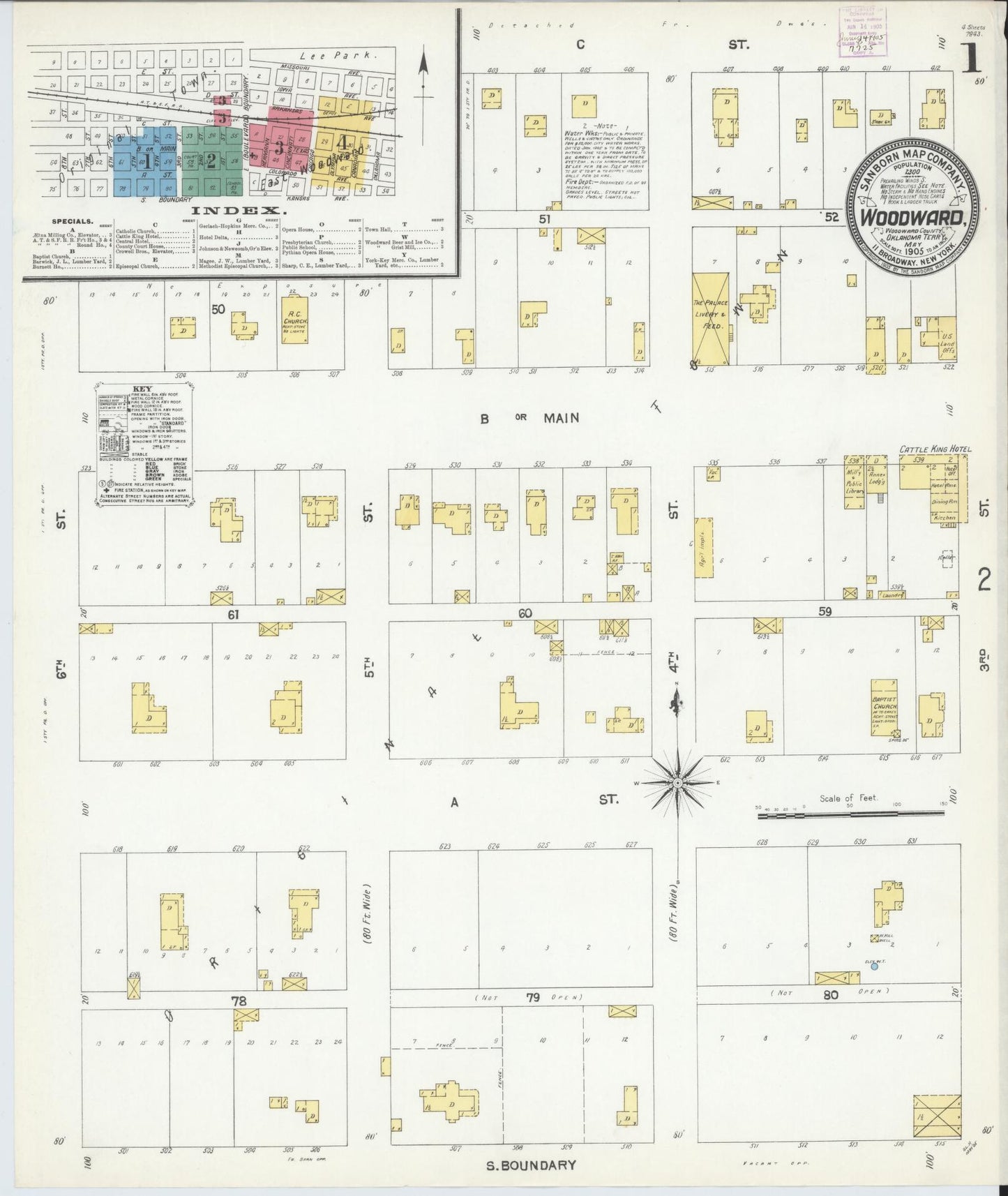 Sanborn Fire Insurance Map from Woodward, Woodward County, Oklahoma (1905), Sheet #0001 - Historic Sanborn Fire Insurance Map Print, vintage old map wall art, antique decor, genealogy gift, Oklahoma Oklahoma map