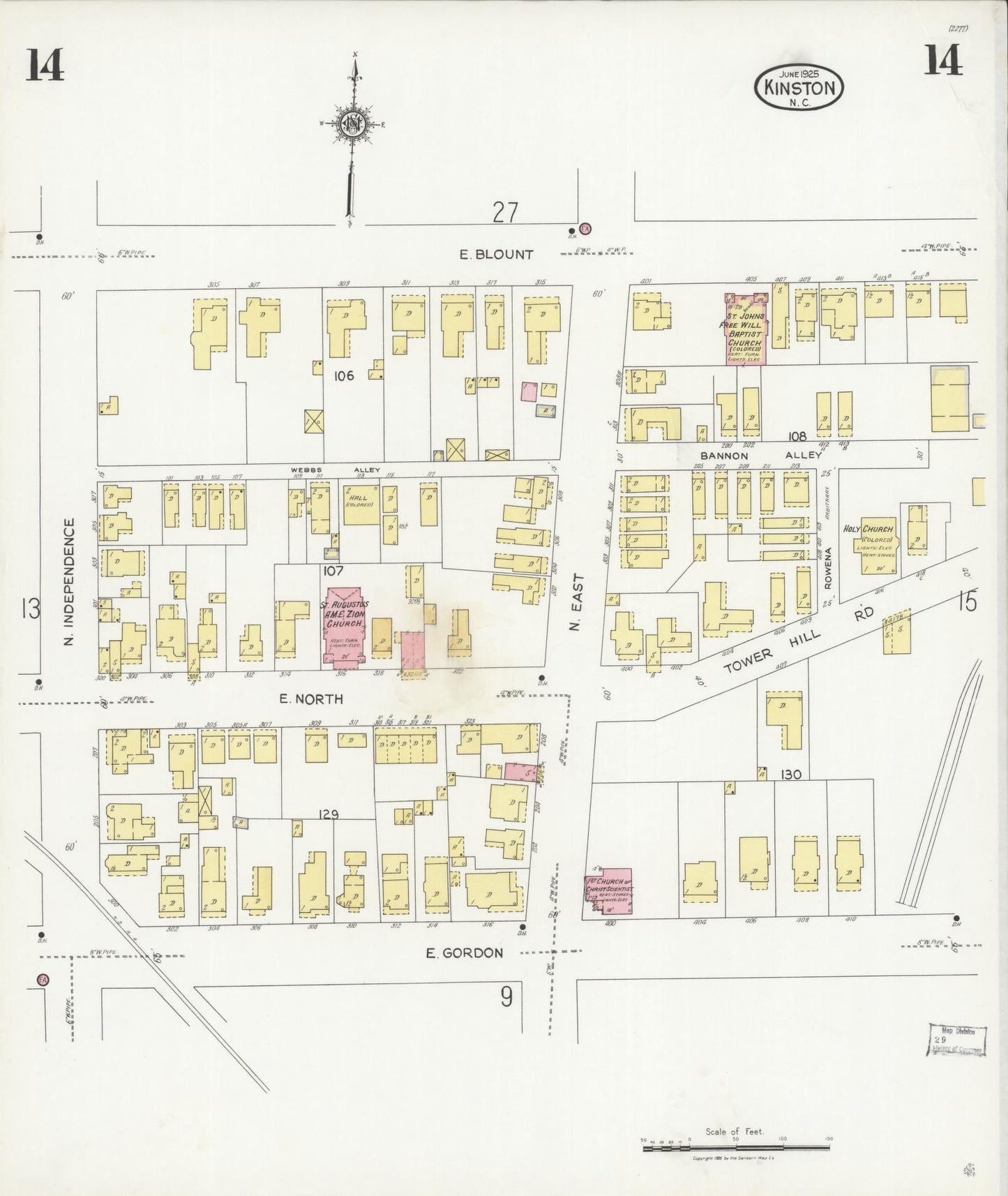 Sanborn Fire Insurance Map from Kinston, Lenoir County, North Carolina (1925), Sheet #0014 - Historic Sanborn Fire Insurance Map Print, vintage old map wall art, antique decor, genealogy gift, North Carolina North Carolina map