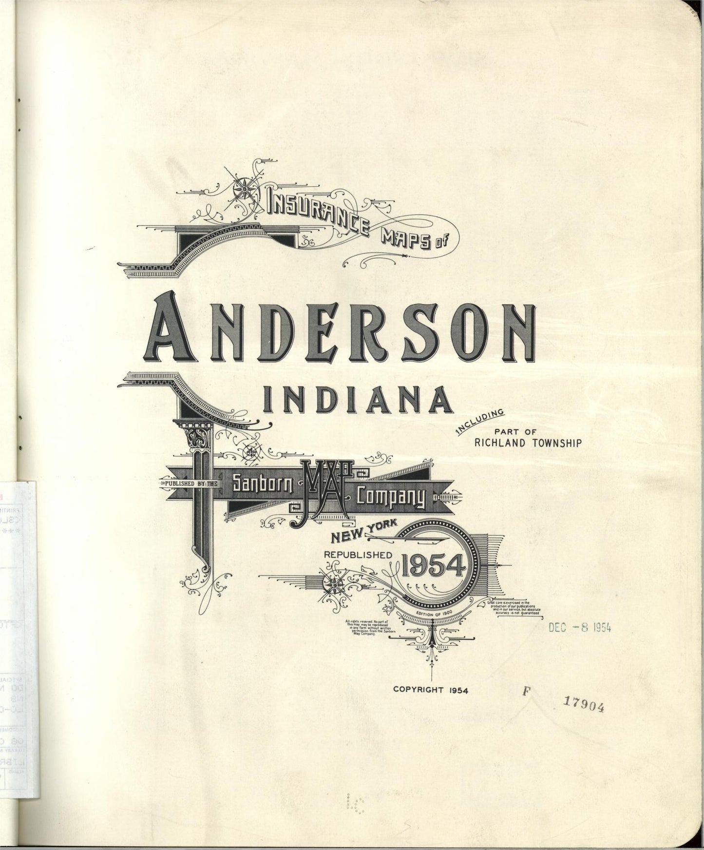 Sanborn Fire Insurance Map from Anderson, Madison County, Indiana (1954), Sheet #0001 - Historic Sanborn Fire Insurance Map Print, vintage old map wall art, antique decor, genealogy gift, Indiana Indiana map