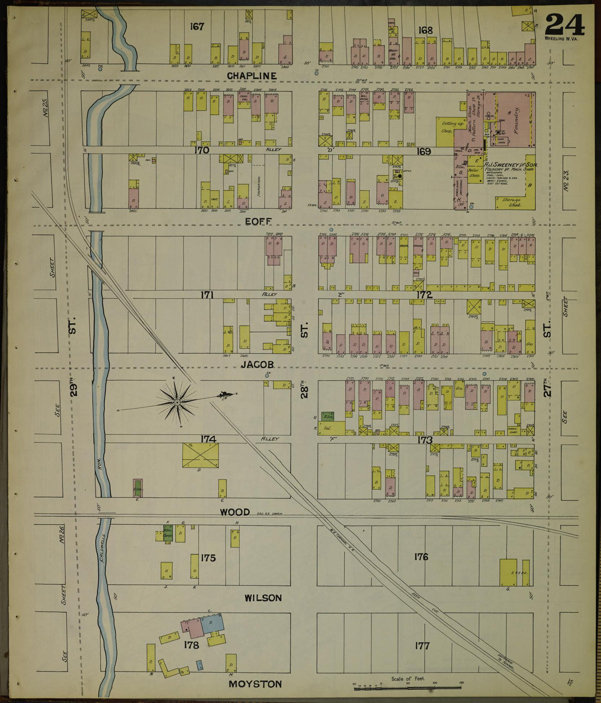 Sanborn Fire Insurance Map from Wheeling, Ohio County, West Virginia (1890), Sheet #0024 - Historic Sanborn Fire Insurance Map Print, vintage old map wall art, antique decor, genealogy gift, West Virginia West Virginia map