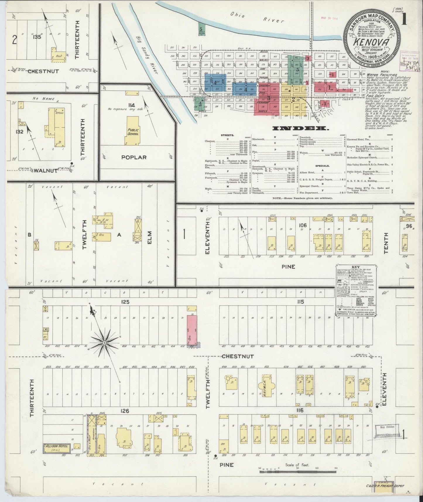 Sanborn Fire Insurance Map from Kenova, Wayne County, West Virginia (1909), Sheet #0001 - Historic Sanborn Fire Insurance Map Print, vintage old map wall art, antique decor, genealogy gift, West Virginia West Virginia map