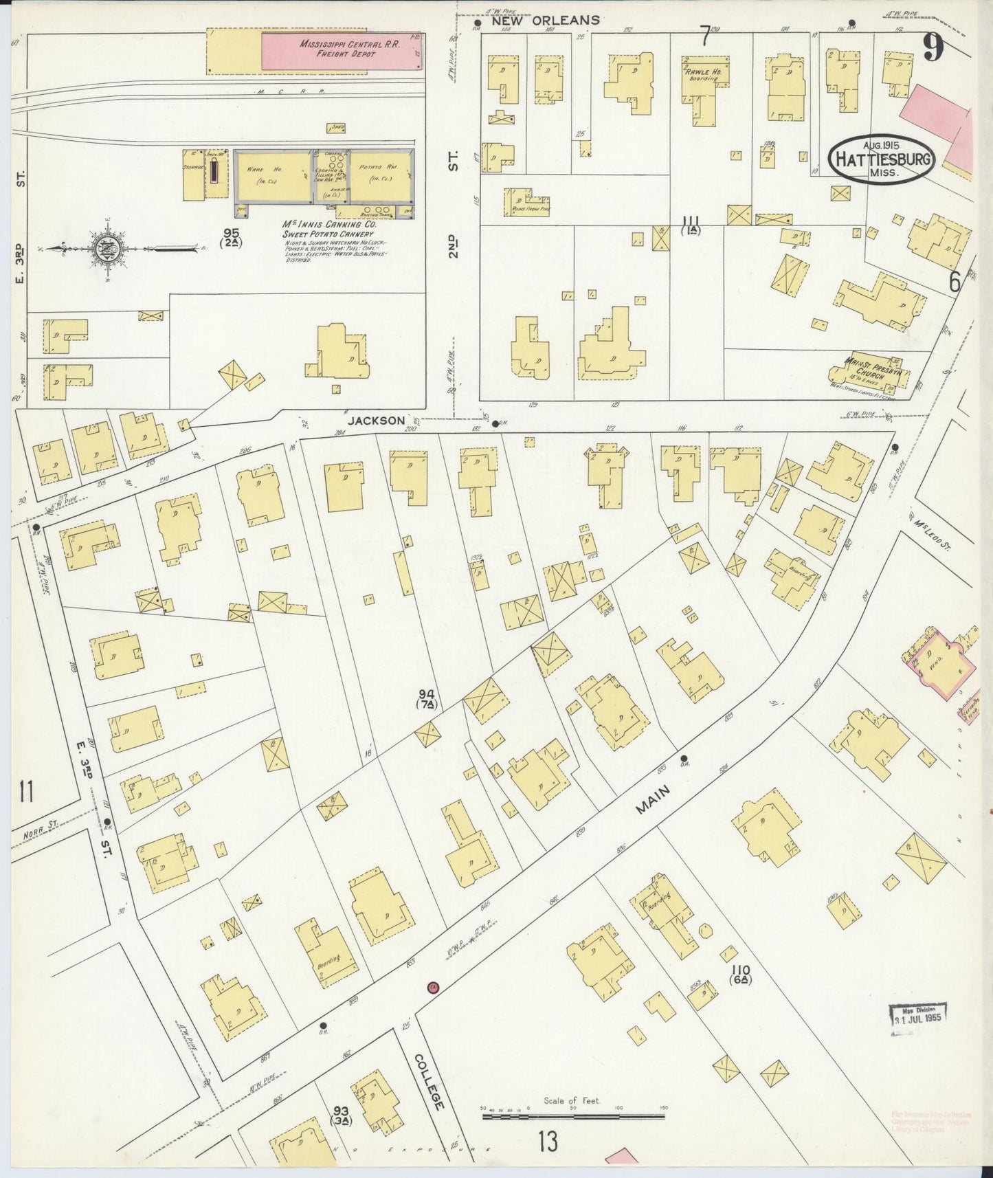Sanborn Fire Insurance Map from Hattiesburg, Forrest County, Mississippi (1915), Sheet #0009 - Historic Sanborn Fire Insurance Map Print, vintage old map wall art, antique decor, genealogy gift, Mississippi Mississippi map