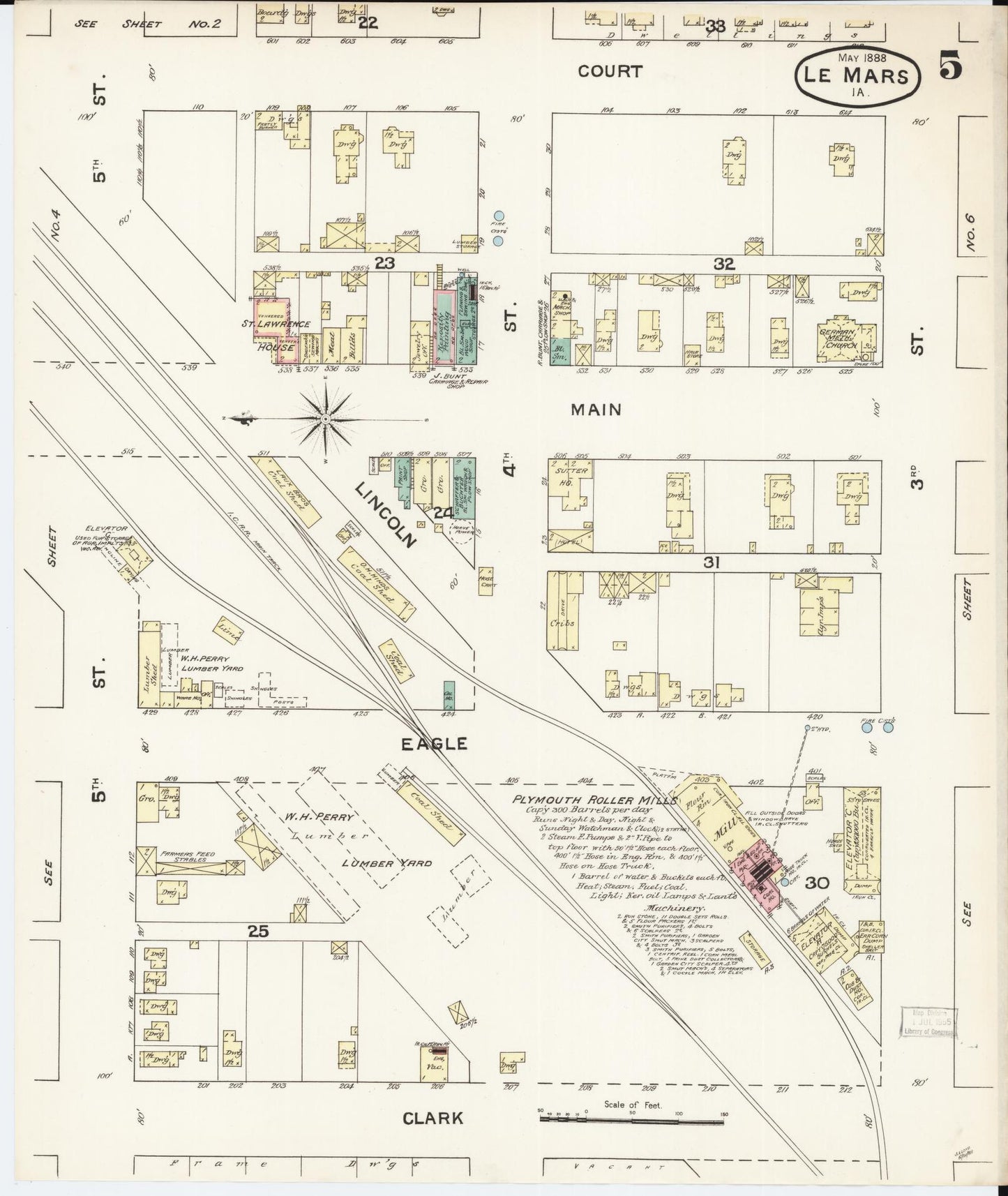 Sanborn Fire Insurance Map from Le Mars, Plymouth County, Iowa (1888), Sheet #0005 - Historic Sanborn Fire Insurance Map Print, vintage old map wall art