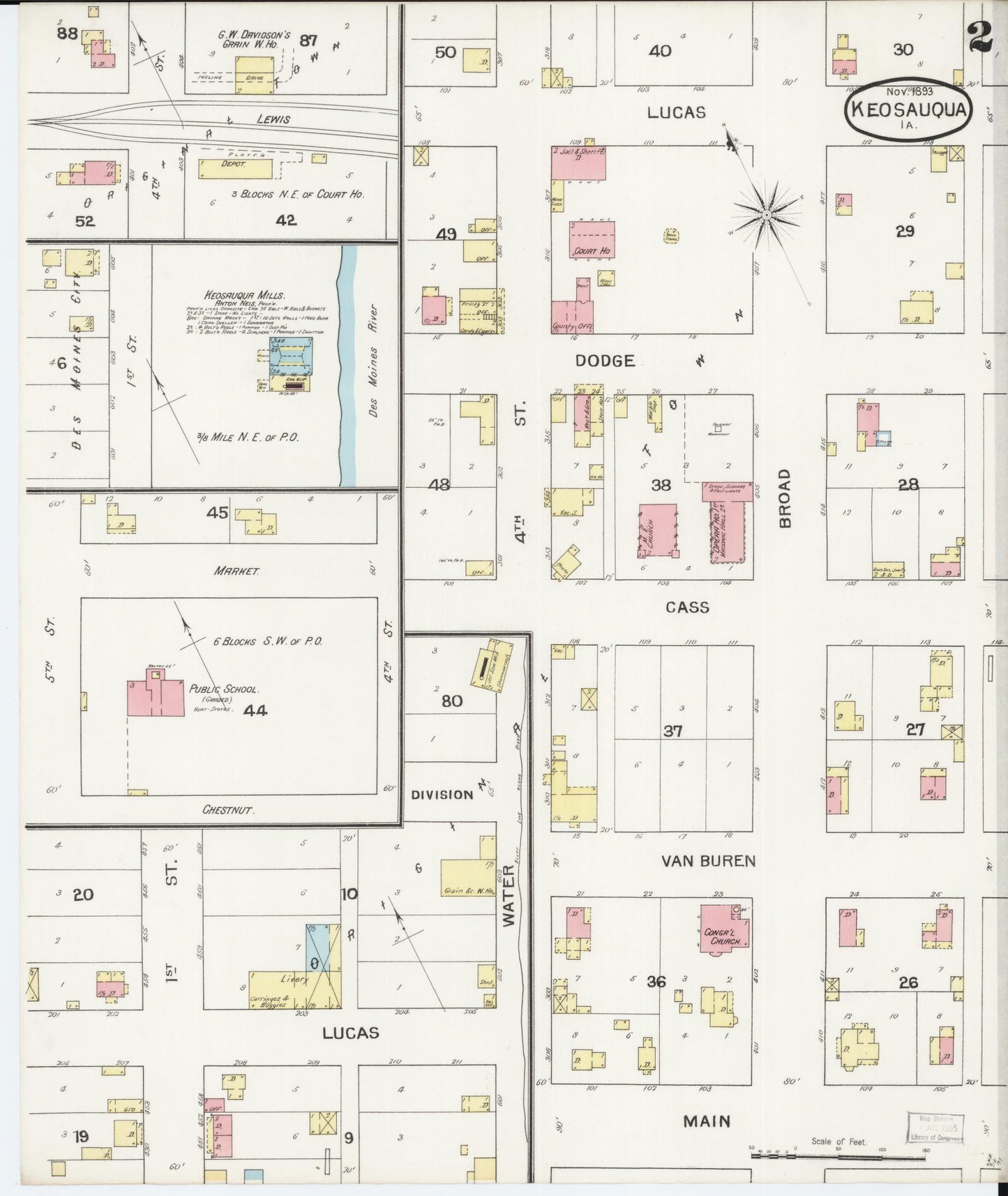 Sanborn Fire Insurance Map from Keosauqua, Van Buren County, Iowa (1893), Sheet #0002 - Historic Sanborn Fire Insurance Map Print, vintage old map wall art