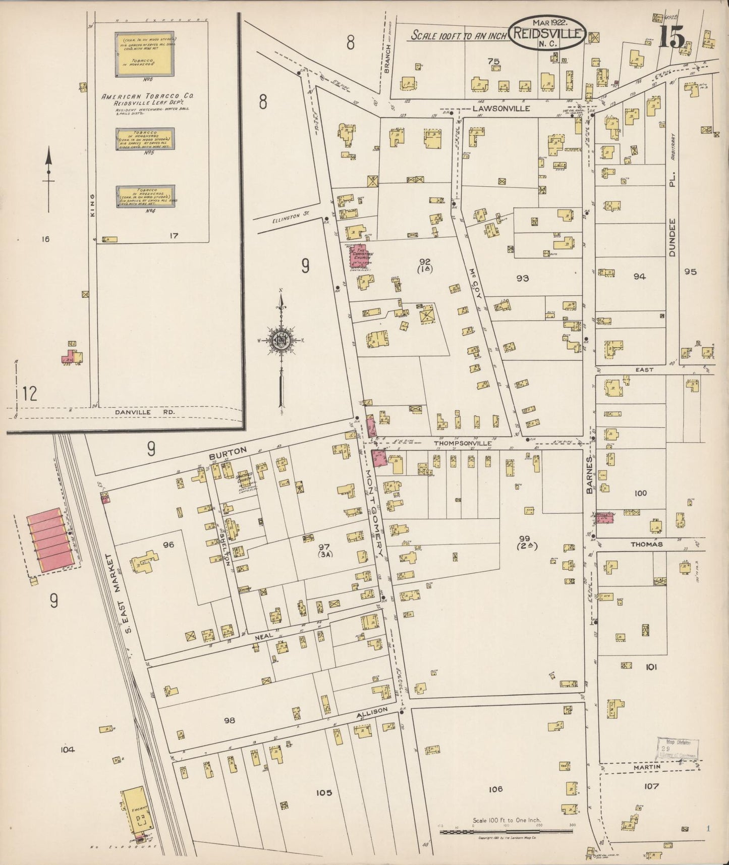 Sanborn Fire Insurance Map from Reidsville, Rockingham County, North Carolina (1922), Sheet #0015 - Historic Sanborn Fire Insurance Map Print, vintage old map wall art, antique decor, genealogy gift, North Carolina North Carolina map