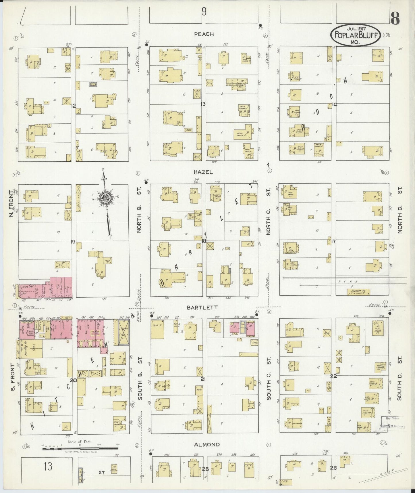 Sanborn Fire Insurance Map from Poplar Bluff, Butler County, Missouri (1917), Sheet #0008 - Historic Sanborn Fire Insurance Map Print, vintage old map wall art, antique decor, genealogy gift, Missouri Missouri map