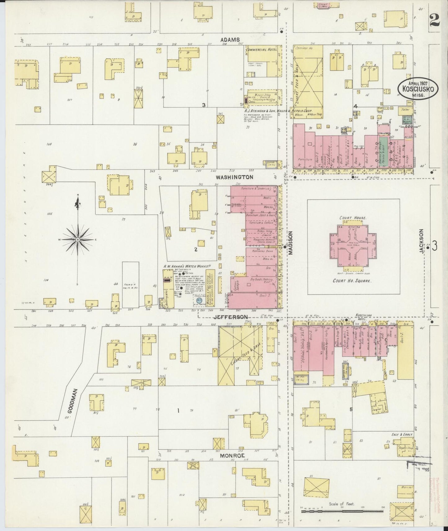 Sanborn Fire Insurance Map from Kosciusko, Attala County, Mississippi (1907), Sheet #0002 - Historic Sanborn Fire Insurance Map Print, vintage old map wall art, antique decor, genealogy gift, Mississippi Mississippi map