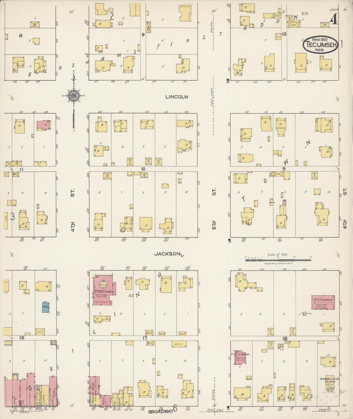 Sanborn Fire Insurance Map from Tecumseh, Johnson County, Nebraska (1922), Sheet #0004 - Historic Sanborn Fire Insurance Map Print, vintage old map wall art, antique decor, genealogy gift, Nebraska Nebraska map