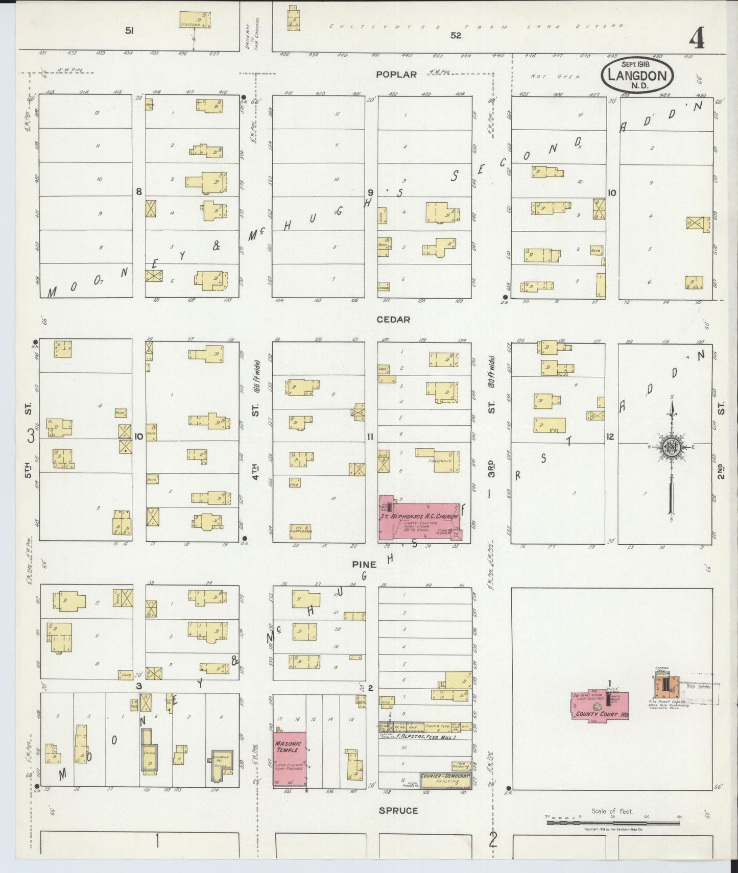 Sanborn Fire Insurance Map from Langdon, Cavalier County, North Dakota (1918), Sheet #0004 - Historic Sanborn Fire Insurance Map Print, vintage old map wall art, antique decor, genealogy gift, North Dakota North Dakota map