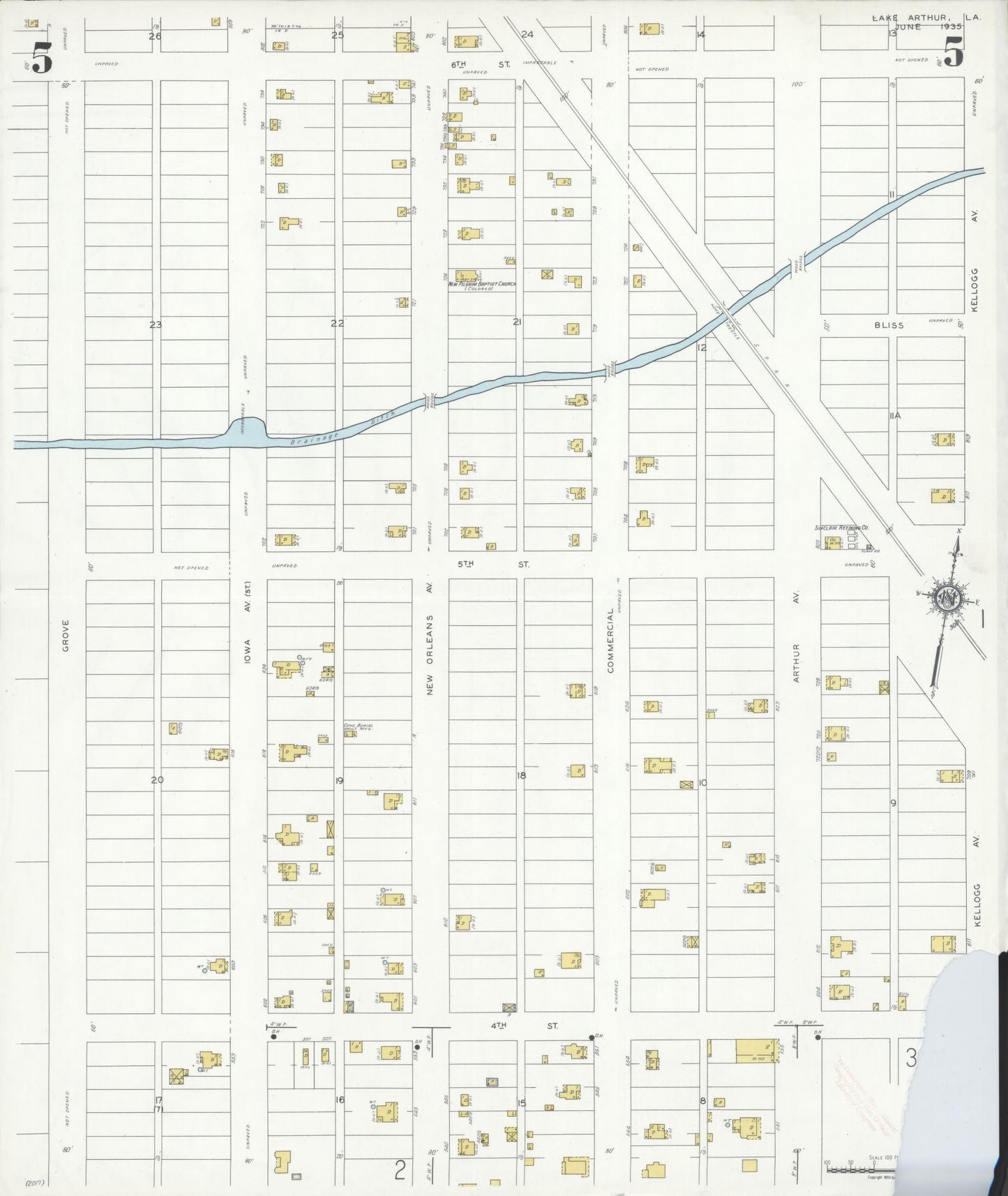 Sanborn Fire Insurance Map from Lake Arthur, Jefferson Davis Parish, Louisiana (1935), Sheet #0005 - Historic Sanborn Fire Insurance Map Print, vintage old map wall art, antique decor, genealogy gift, Louisiana Louisiana map