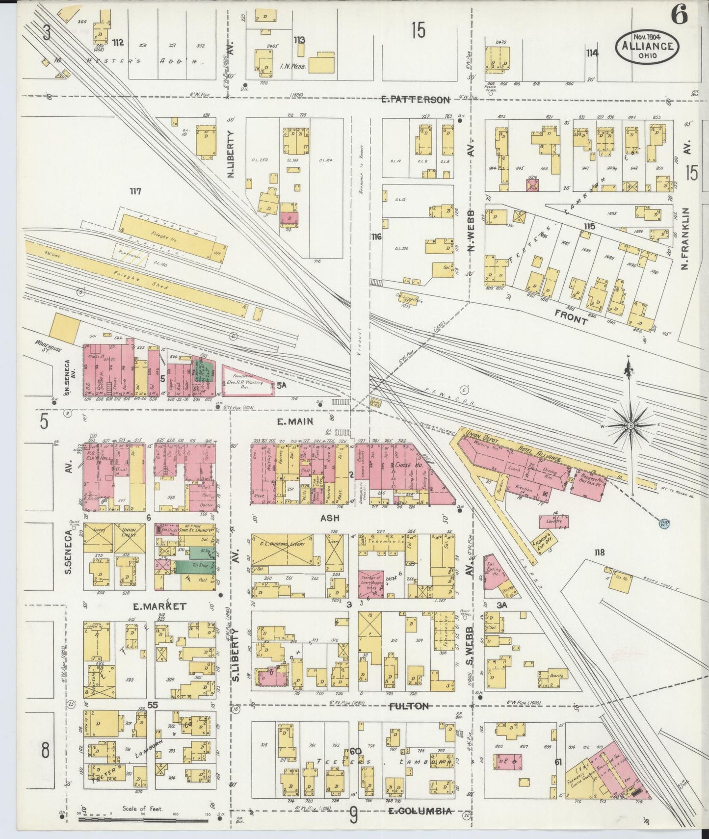 Sanborn Fire Insurance Map from Alliance, Stark County, Ohio (1904), Sheet #0006 - Historic Sanborn Fire Insurance Map Print, vintage old map wall art, antique decor, genealogy gift, Ohio Ohio map